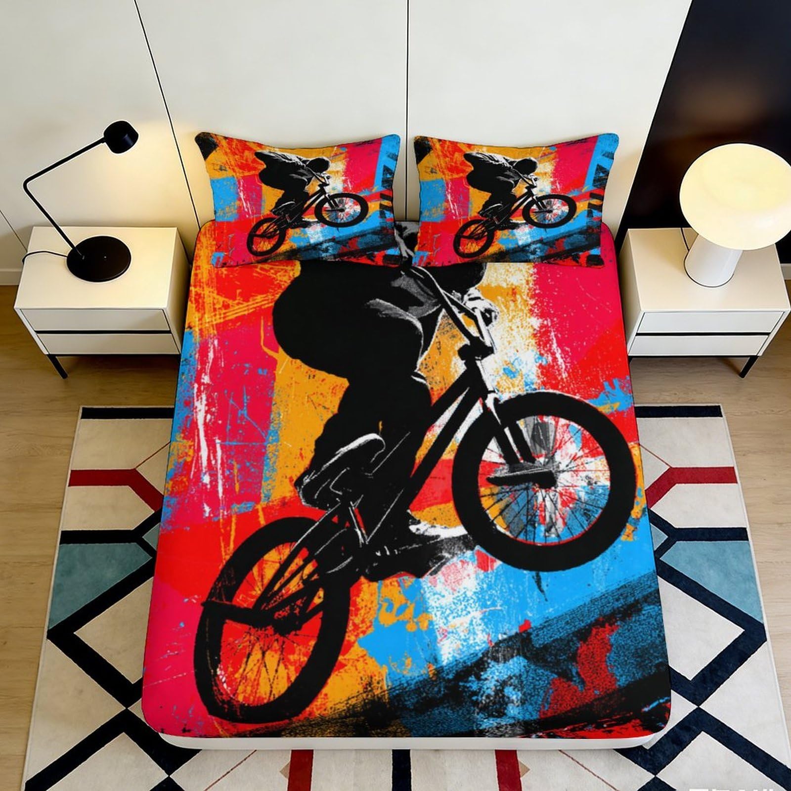 3D Printed BMX Graffiti Fitted Sheet Microfiber Vibrant Urban Bed Cover for Bedroom Dorm Mattress Decor 90x200x25cm