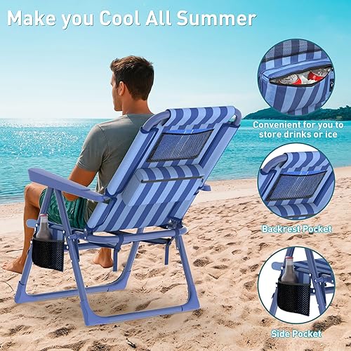 Miniatura 7 de Suteck Sillas de playa tipo mochila para adultos, paquete de 2, silla reclinable plegable de 6 posiciones con bolsa enfriadora y soporte para tazas,