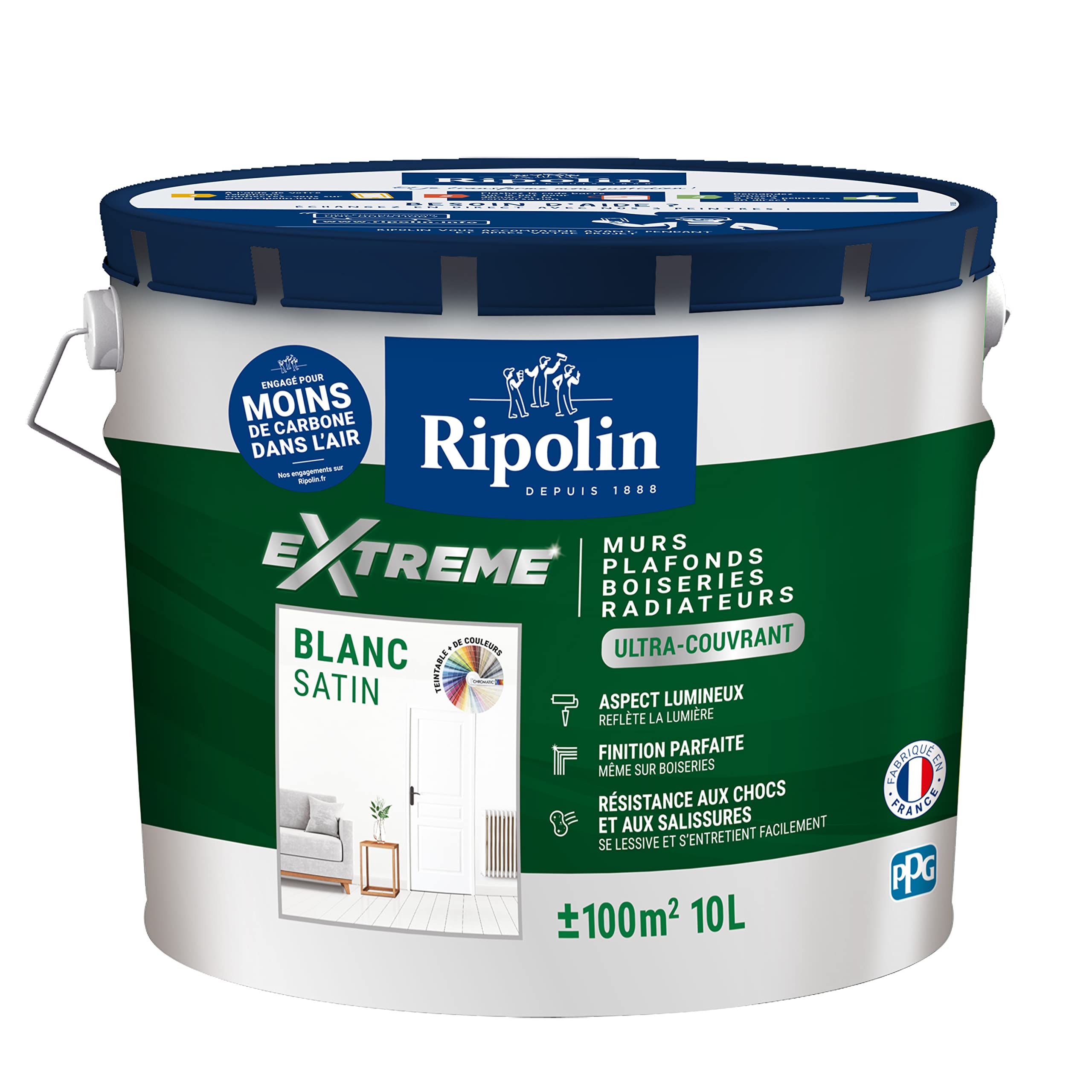 Ripolin Peinture Monocouche pour Murs, Boiseries & Radiateurs - Intérieur - Satin - 10L - Blanc
