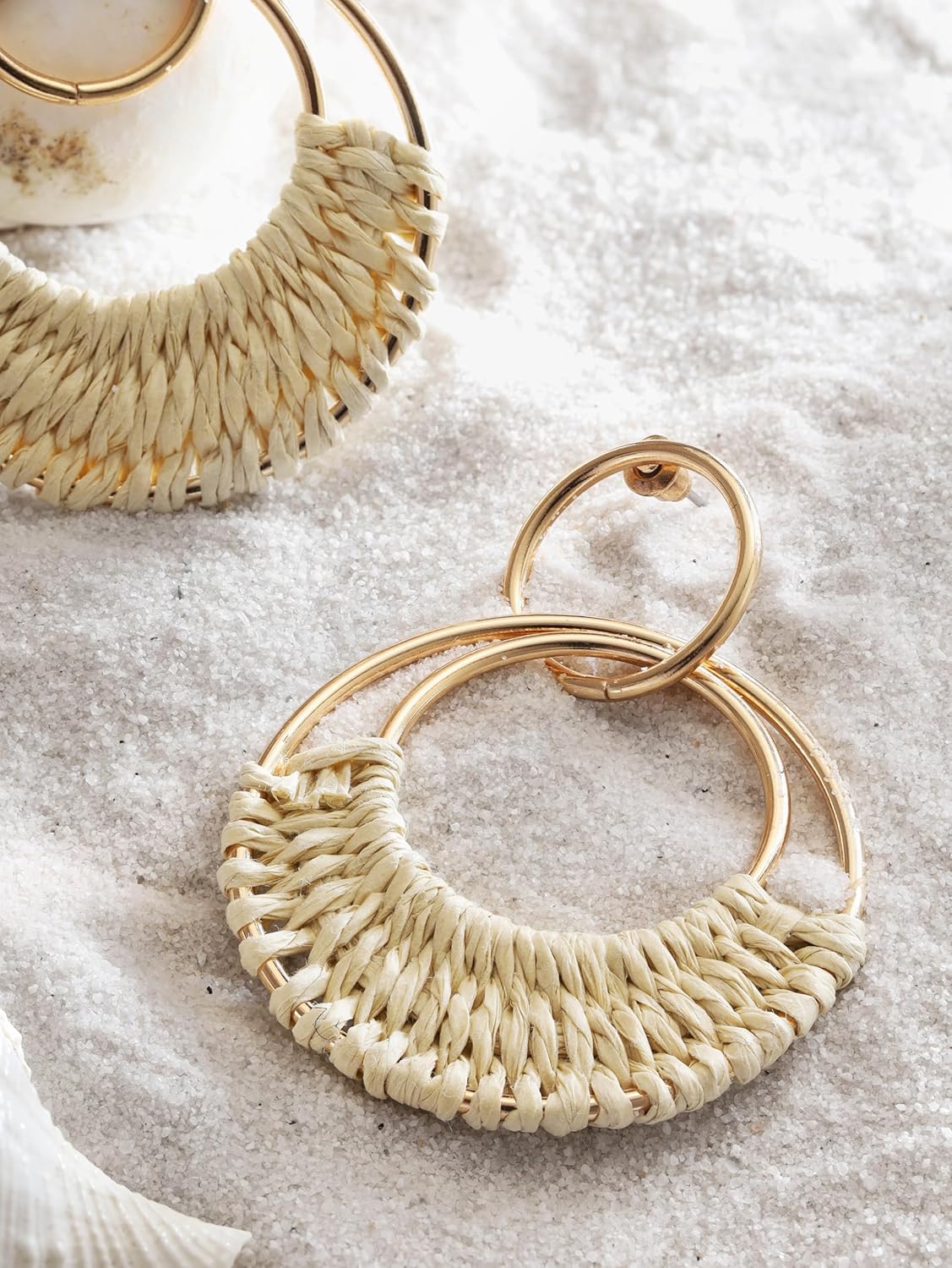 MINACHI Bohemian Raffia Tassel Dangle Drop Hoop Earrings, Boho Hippie Summer Beach Jewelry Gift for Women - Image 3