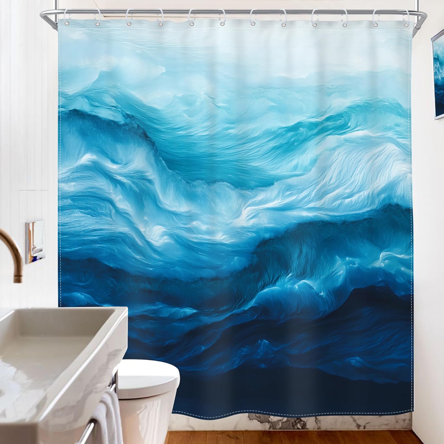 Riyidecor Blue Ocean Wave Shower Curtain Long Abstract Sea Nautical Beach Ombre Modern Seaside Hawaii Nature Aesthetic 72Wx78H Inch Minimalism Fabric Decor Bathroom Polyester Waterproof 12 Pack Hooks