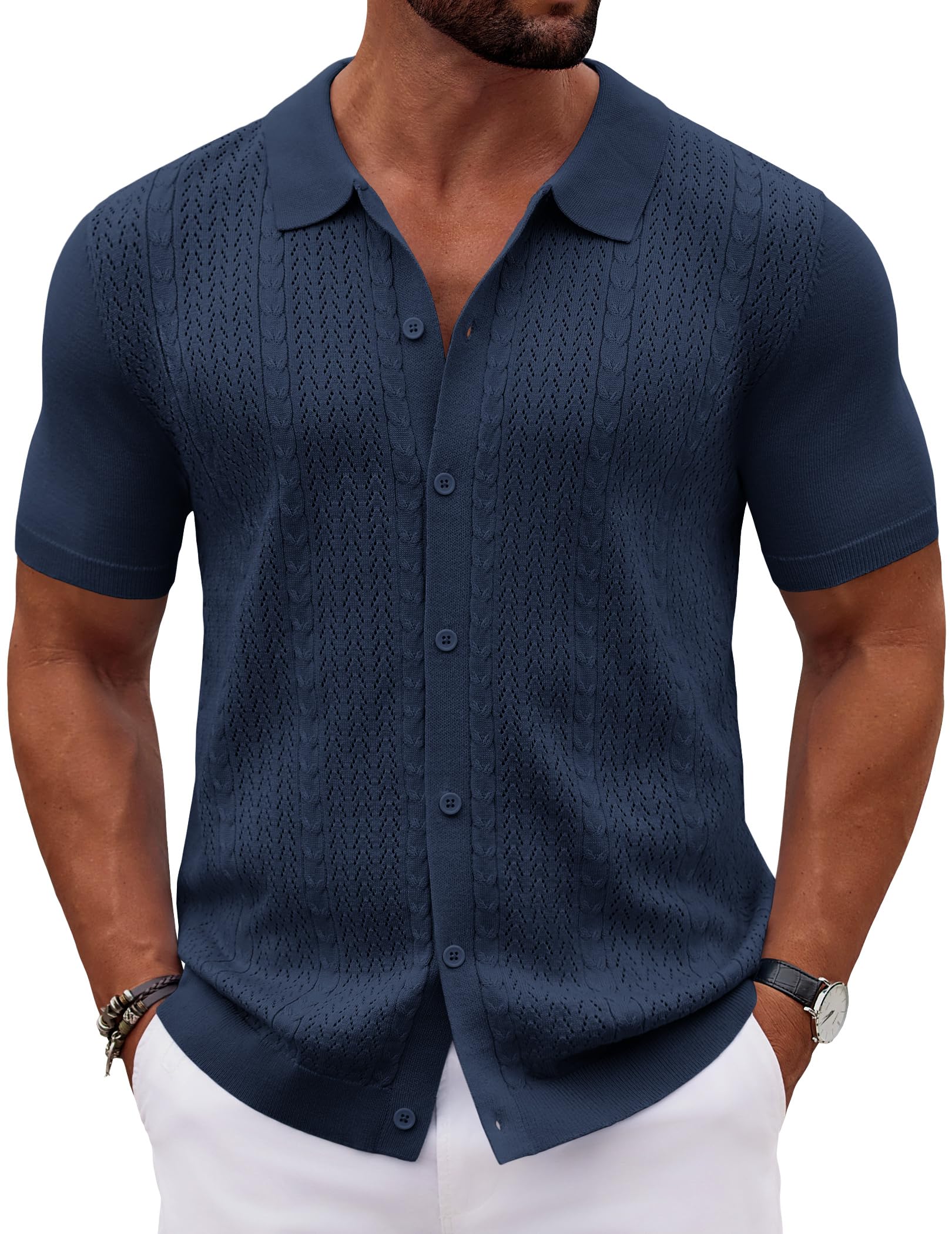 COOFANDY Men's Short Sleeve Knit Button Down Shirts Vintage Polo Shirt Casual Summer Beach Tops