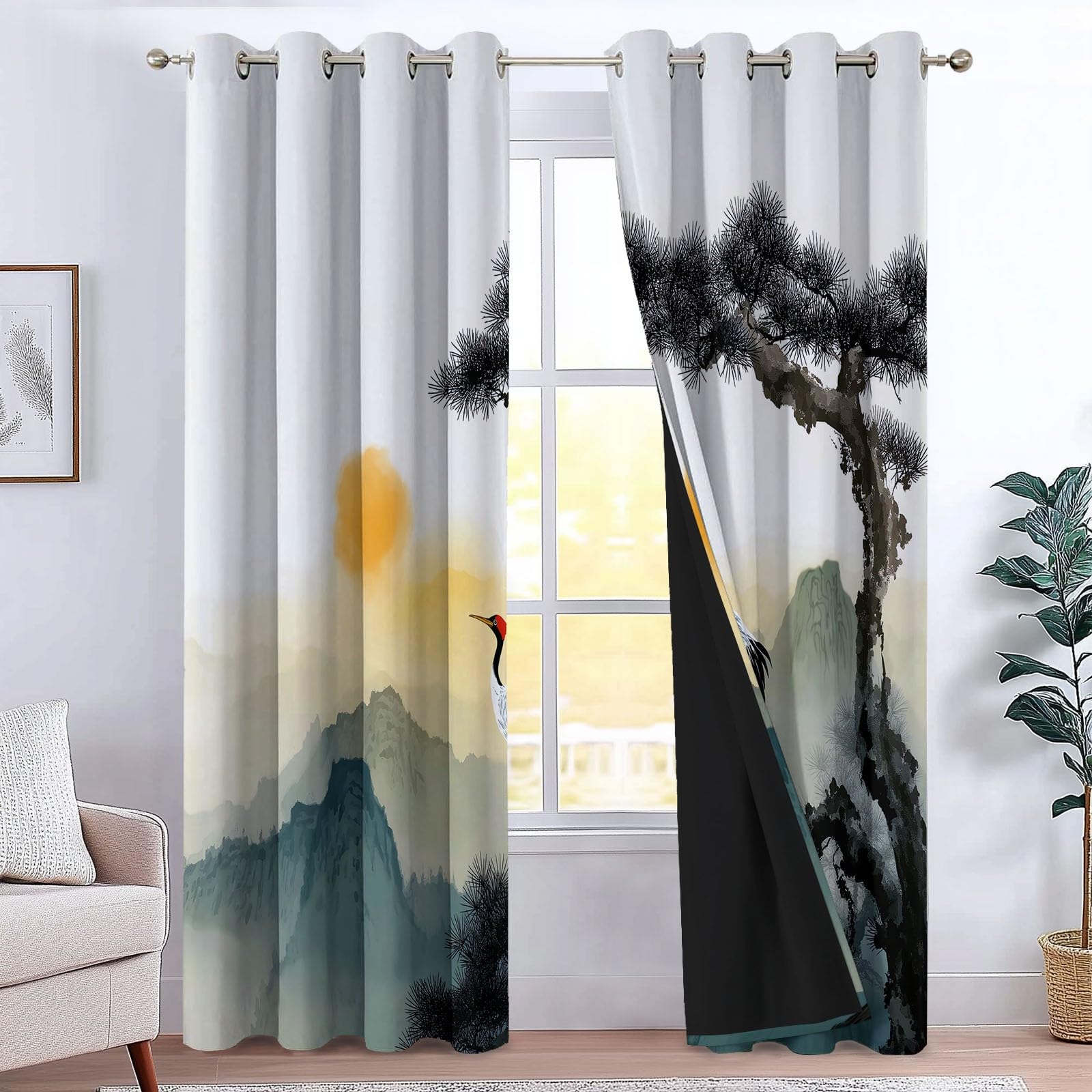 Générique Izolowane termicznie zasłony 140 L x 245 H cm Zasłona zaciemniająca redukcja szumów w tradycyjnych chińskich roślinach, górach, przelotkach, zestaw 2 ciemnoszarych zasłon do sypialni i