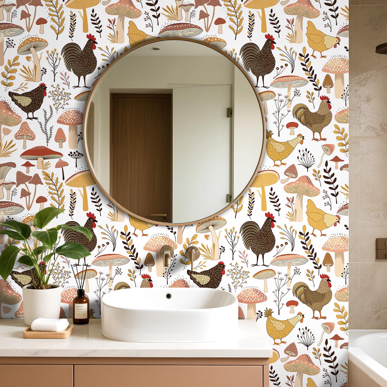 FunStick 44.5CMx9M Papel Pintado Pared Blanco Botanico Setas Vinilos Autoadhesivos para Pared Cocina Salón Vinilo Adhesivo Blanco Beige Papel Adhesivo para Muebles Armario Animales Pollo de Granja