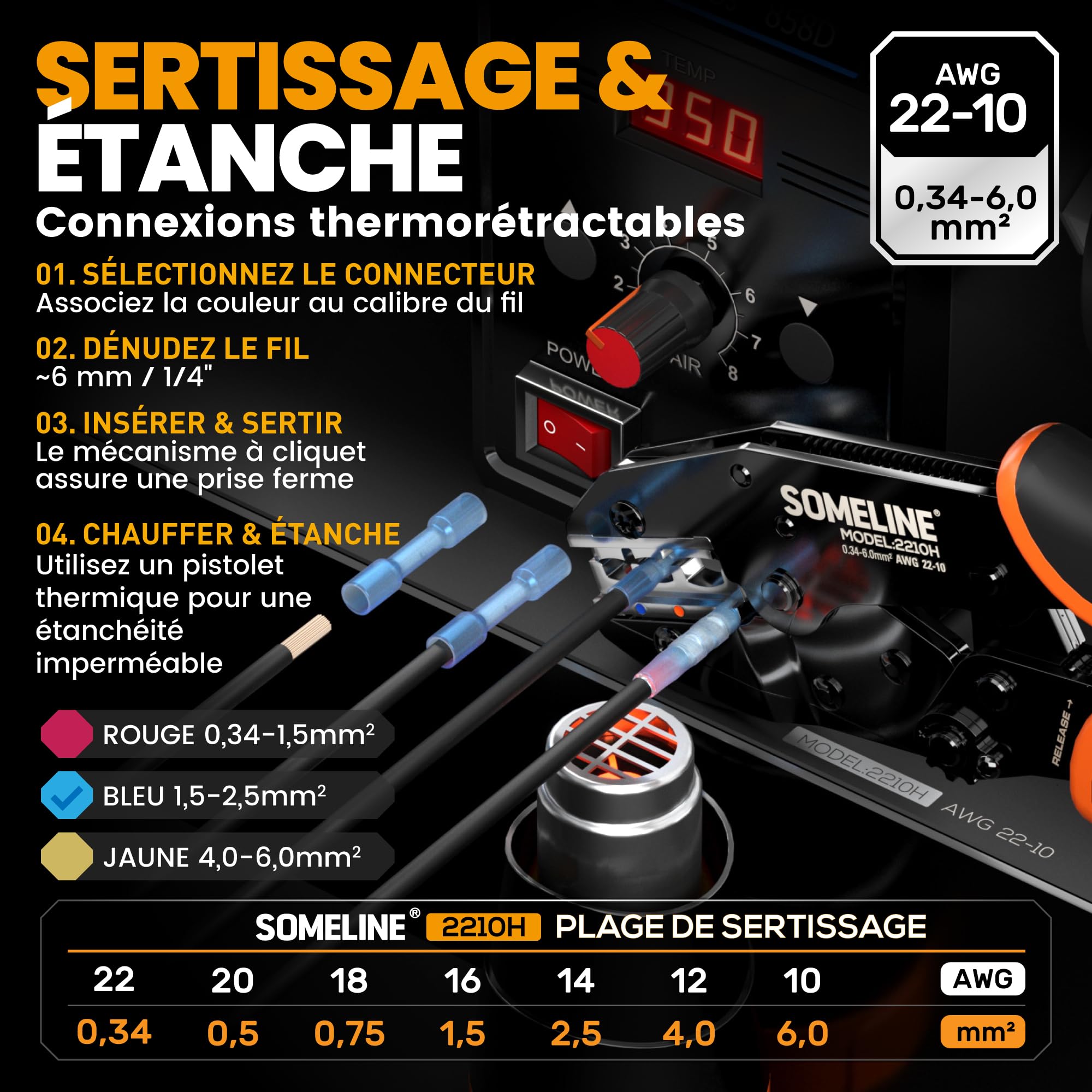 SOMELINE Pince à Sertir Cosse Thermorétractable Kit, Pince à Sertir 0,34-6 mm², avec 100 pcs Connecteur Thermorétractable, Cosse a Sertir Connecteur Electrique Etanche, for Cars and Boats