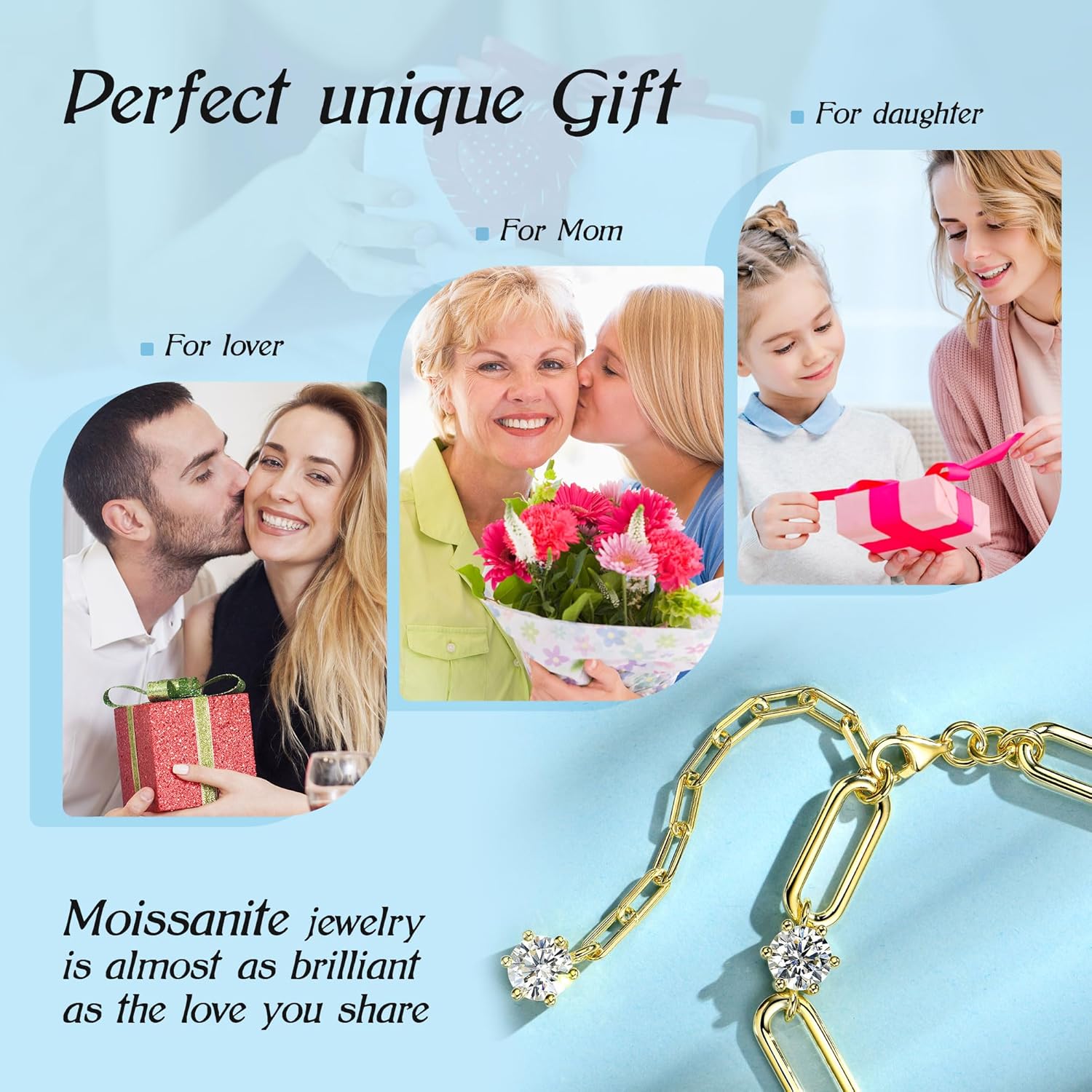 6-Stones Moissanite Bracelet, 6.5mm D Color VVS1 Moissanites 925 Sterling Silver 14K Gold Plated Paperclip Chain Oval Link Bracelets, 6.1" + 2" Adjustable Chain for Women Anniversary Birthday Gifts