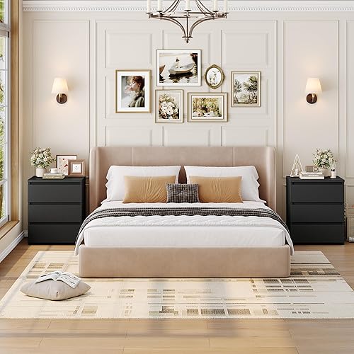 Miniatura 2 de FOTOSOK Nightstand Set of 2 Black Nightstand with 3 Drawers, Black Bedside Table Night Stand for Bedroom with Cut-Out Handle, Sofa Side Table 3