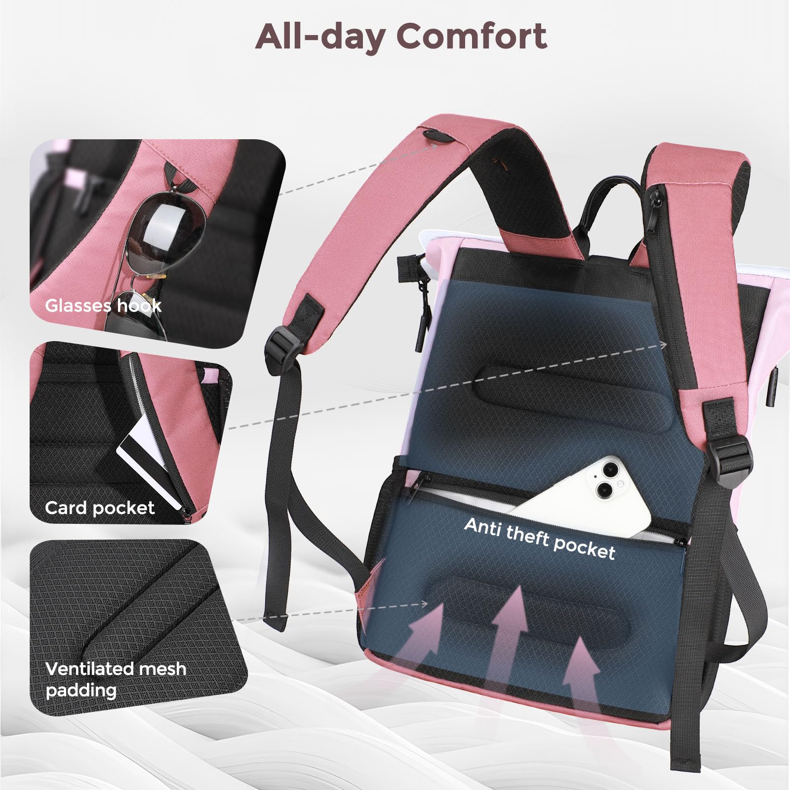 hk Sac à Dos Roll Top Femme pour Ordinateur Portable 15,6 Pouces Léger | Port USB imperméable grande capacité pour travail université voyage randonnée camping