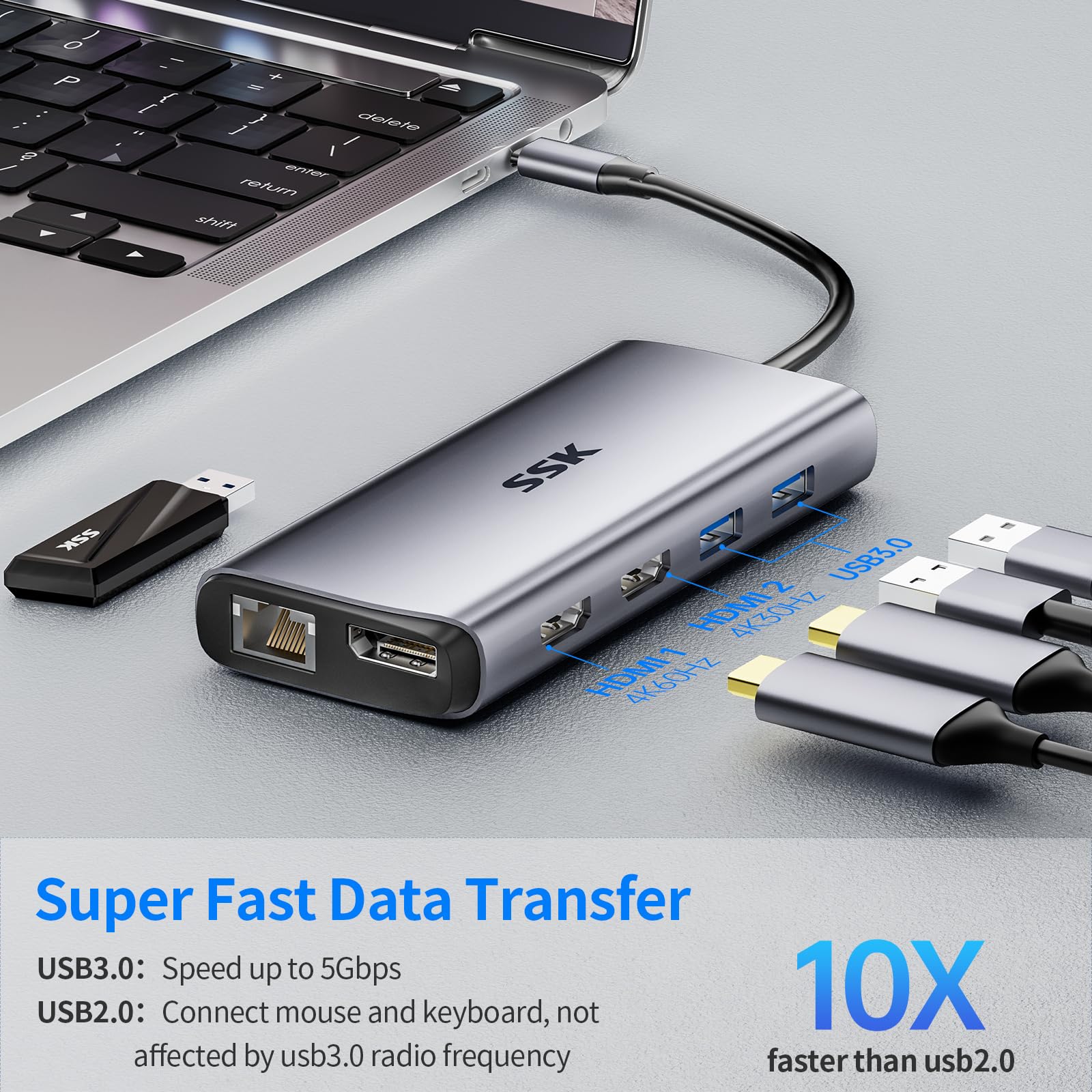 SSK 11 in 1 Laptop Docking Station,USB C HUB Dual 4K HDMI adattatore USB 3.0 Dock 100W PD USB C Con 1 Displayport, 3 USBs, Triplo Doppio Monitor multi-porta per MacBook/Air/Pro/XPS Dell HP Lenovo