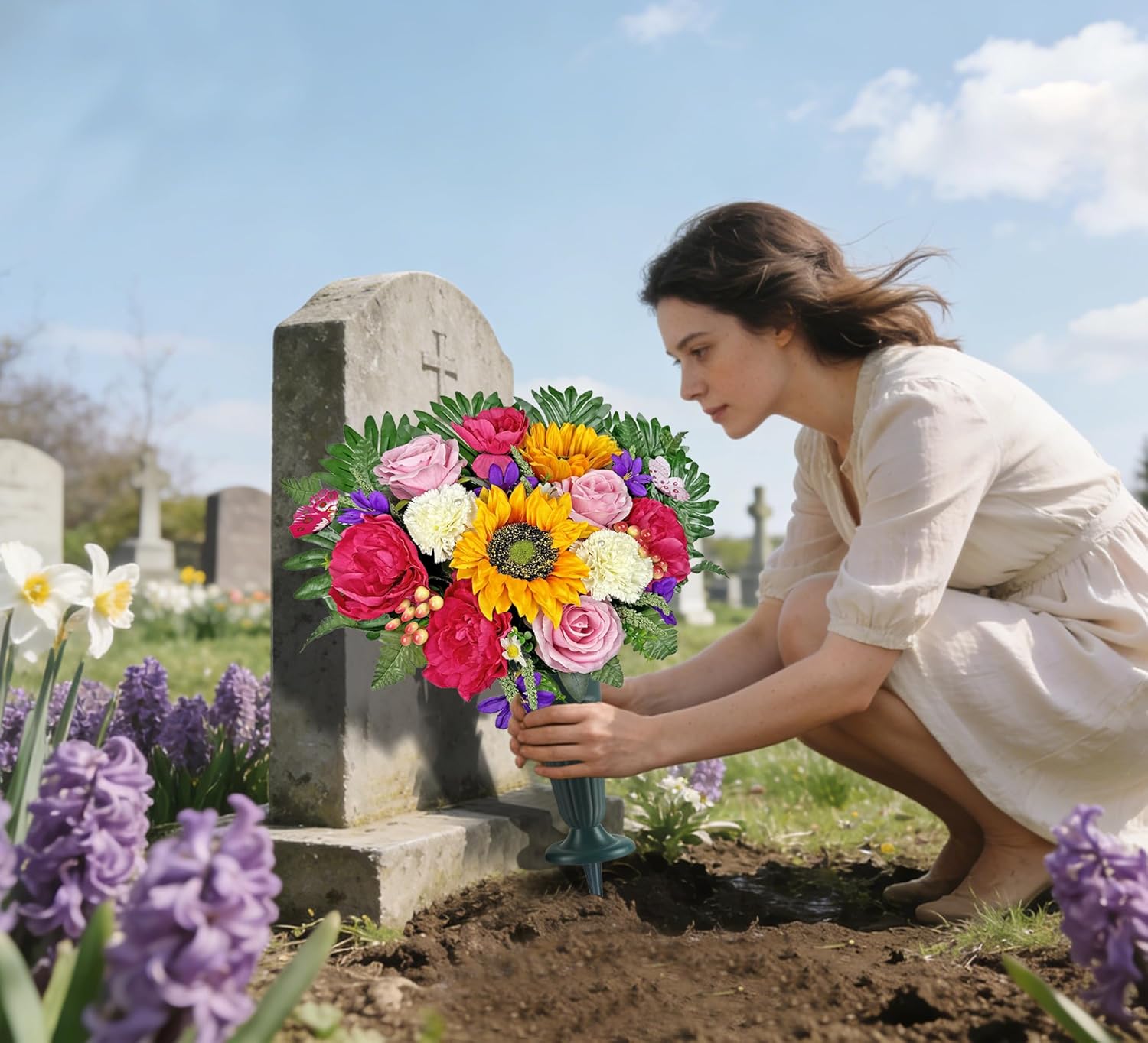 Artificial Cemetery Flowers for Grave Vase - Gravesite Flowers,Headstone Decorations with Sunflower Rose Hibiscus Daisy Mix Bouquet