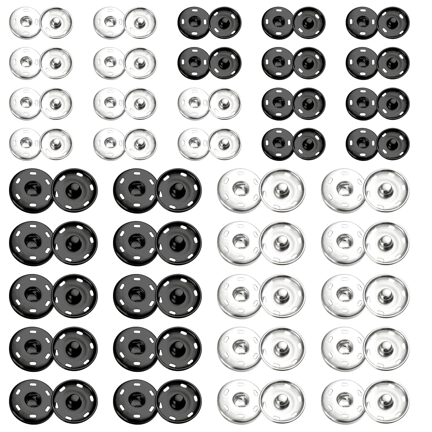SYEYCW 40 Metal Sets Sew on Snap Buttons, Press Studs Poppers Fastener for Clothing, Press Studs Snaps Fasteners, for Sewing Clothes, Handbag, Purse, DIY Craft Projects, 8.5mm, 15mm, Black, Silver