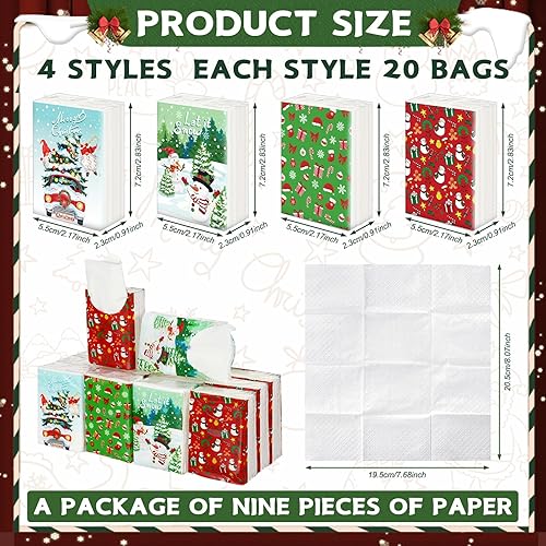Miniatura 3 de Cholemy Paquete de 80 pañuelos faciales de Navidad, pañuelos de bolsillo pequeños de 2 capas, pañuelos de viaje a granel, pañuelos de papel