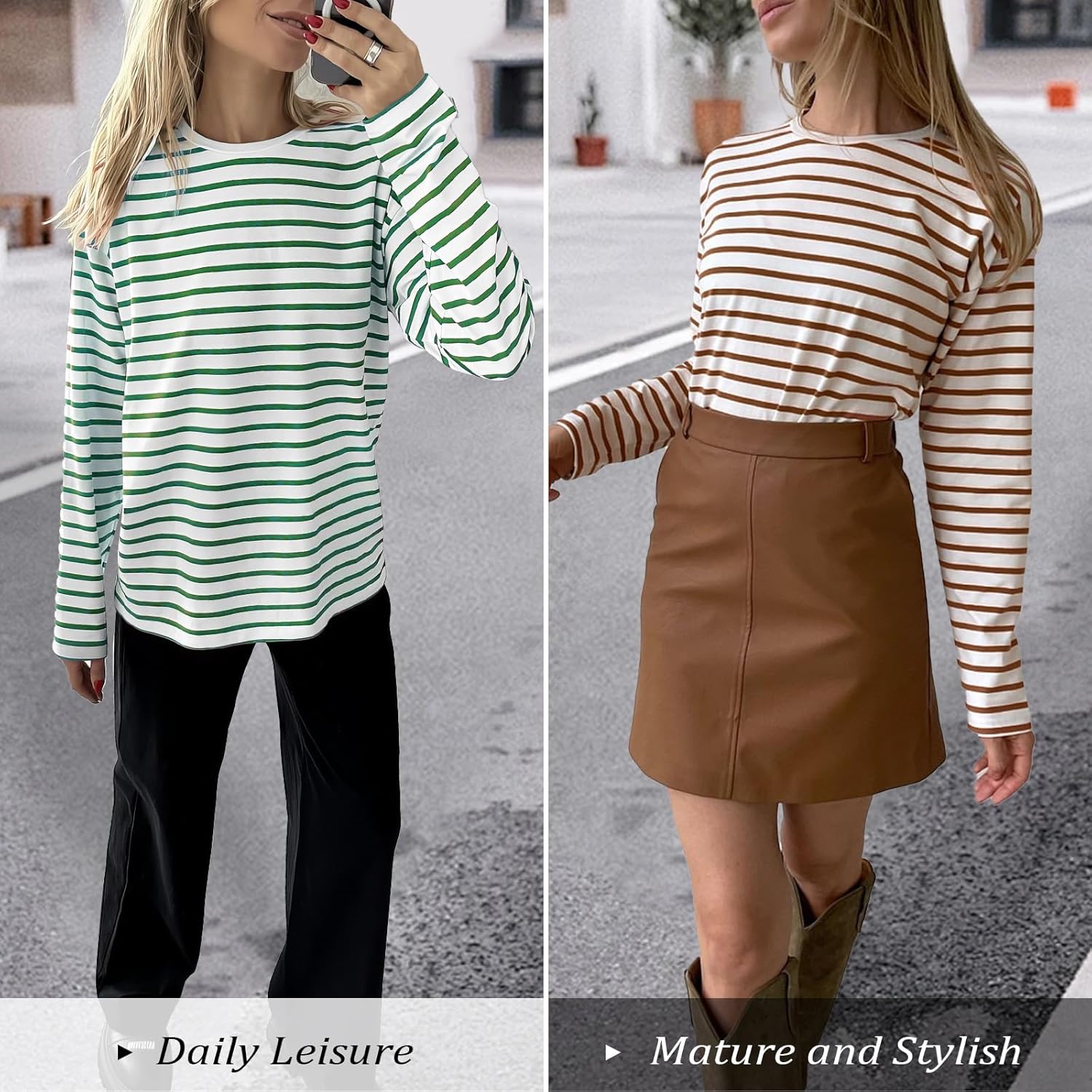 Women's Striped Long Sleeve T-Shirt - Crewneck Relaxed Fit ClassicTee with Stretch, Casual Breton Top - Image 4