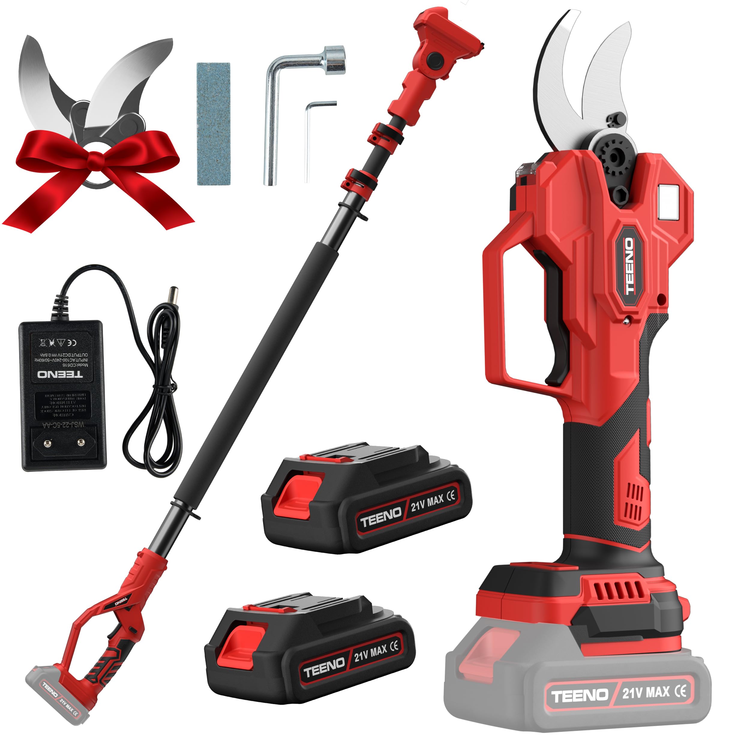 TEENO 2-en-1 Sécateur Électrique Sans Fil avec Perche d'Extension de 2 mètres, Sécateur Électrique Alimenté par Batterie 21V 2×2.0Ah, Diamètre de Coupe de 40CM, pour Élagage d'Arbres