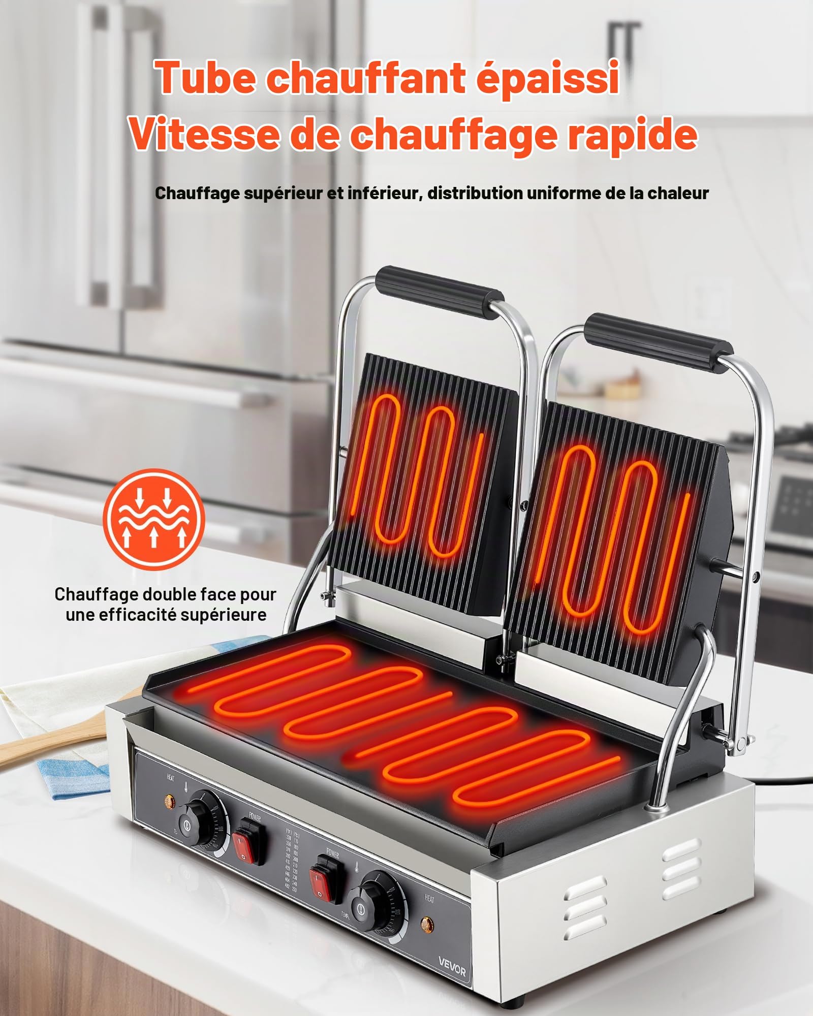 VEVOR Gril Panini Électrique de 3600 W, Double Presse à Panini avec Plaque de Cuisson Émaillée de 48,5x23 cm, Appareil à Sandwich en Inox, Contrôle de la Température, pour Hamburger, Steak, Cuisine