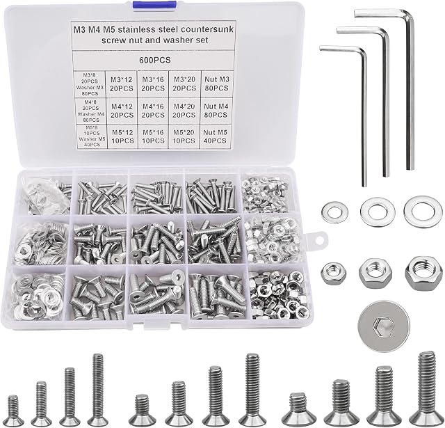 600Pcs M3 M4 M5 Countersunk Bolts Nuts and Washers Set, 304 Stainless Steel Flat Head Socket Cap Hexagonal Machine Screws Assortment Kit with 3 Free Hex Wrenches (8/12/16/20mm)