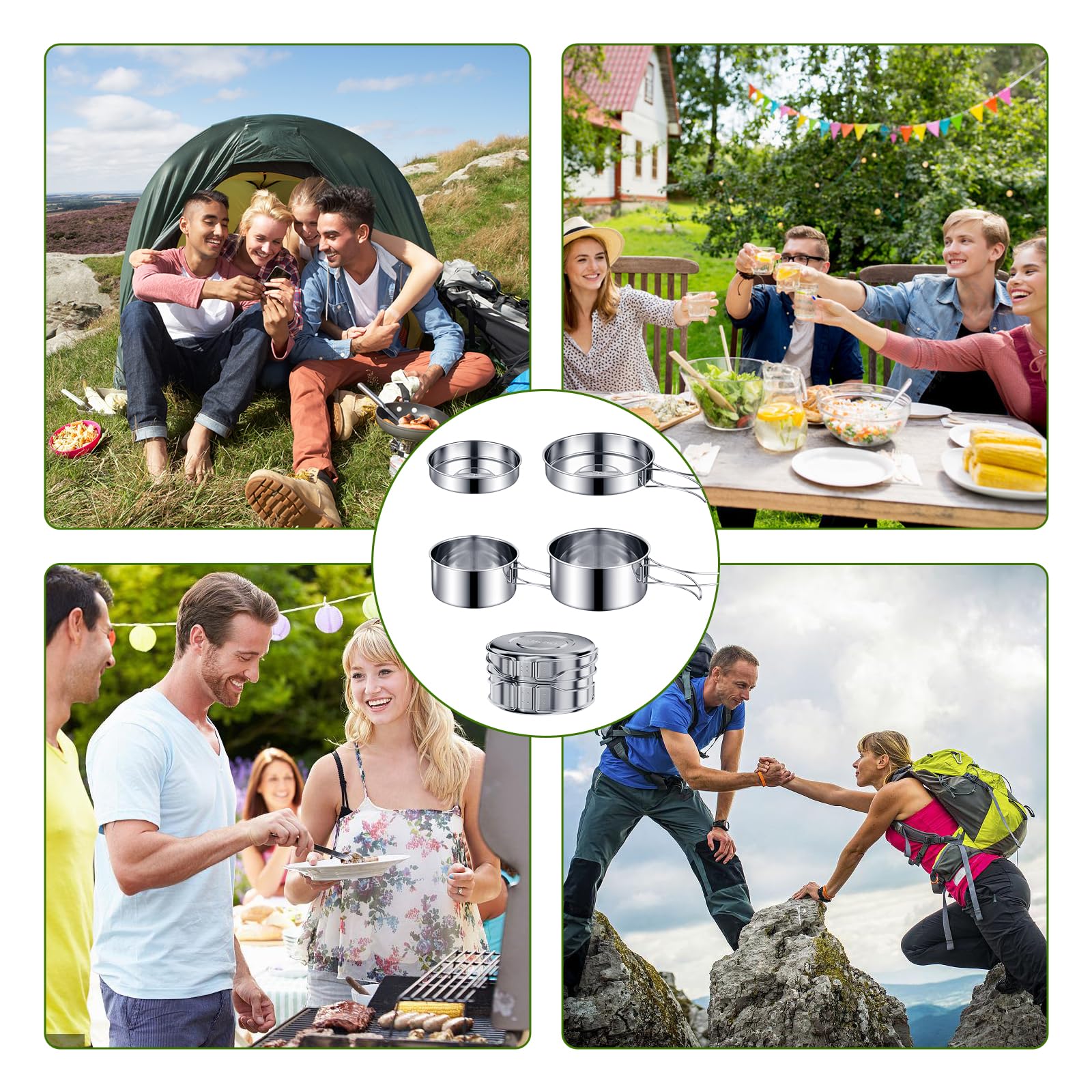 set di pentole e stoviglie da campeggio in acciaio inox 304, padella inclusa, portatile, pieghevole, impilabili, per escursioni, picnic, viaggi