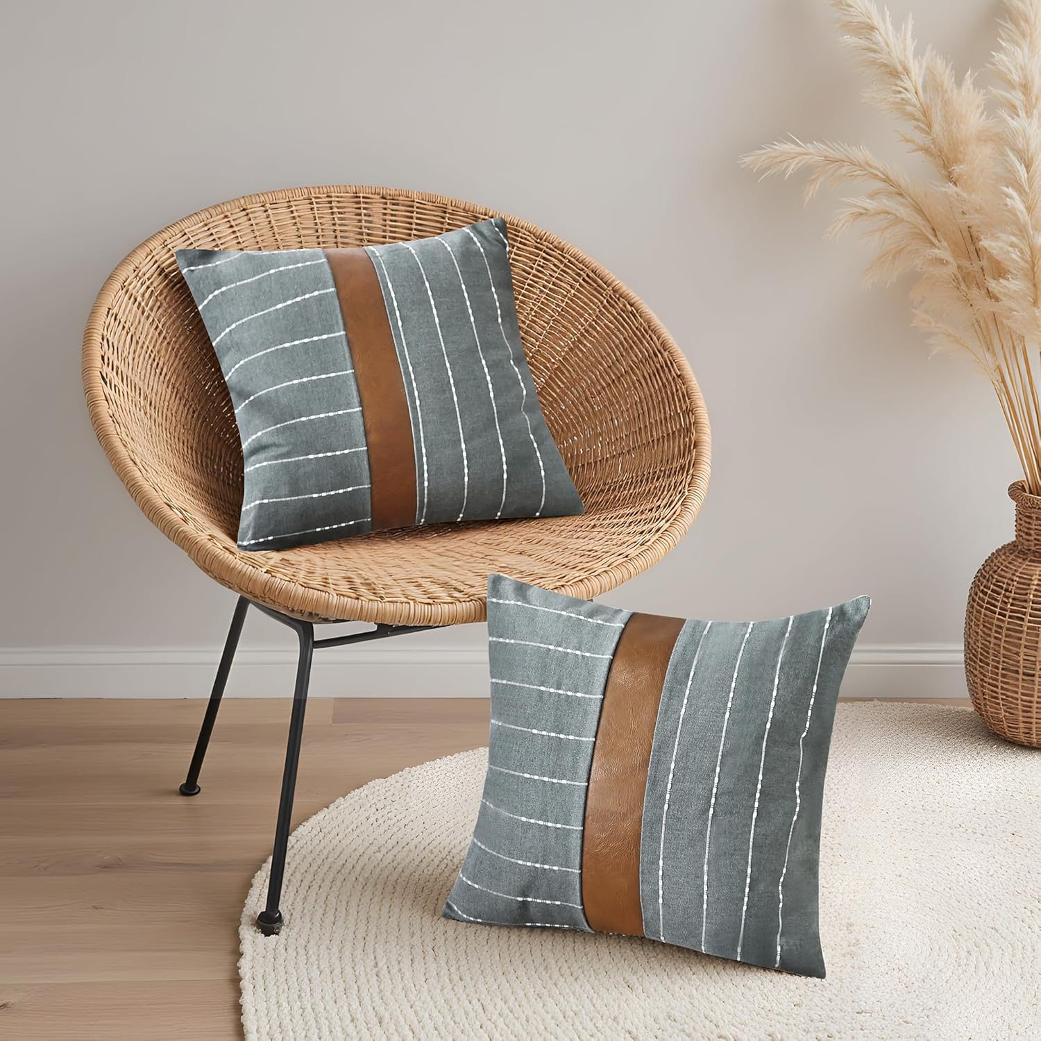 Farmhouse Decorative Pillow Cover, Stripe Patchwork Gray Linen and Brown Faux Leather Throw Pillow Covers 18x18 Inch Square Set of 2, Modern Accent Pillows for Couch Sofa Bed Living Room - Image 4