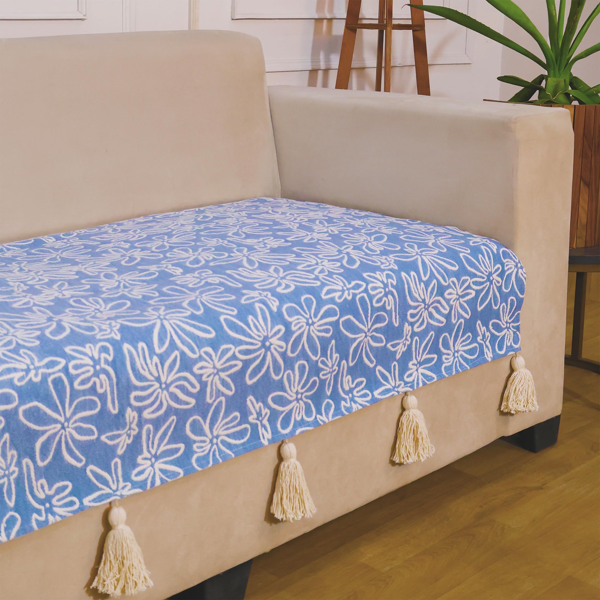 STITCHNEST 'Verdant Phool Stories' 2 Seater Sofa Cover| Elegant Jacquard Fabric, Decorative Tassels, Washable & Durable for Modern Living