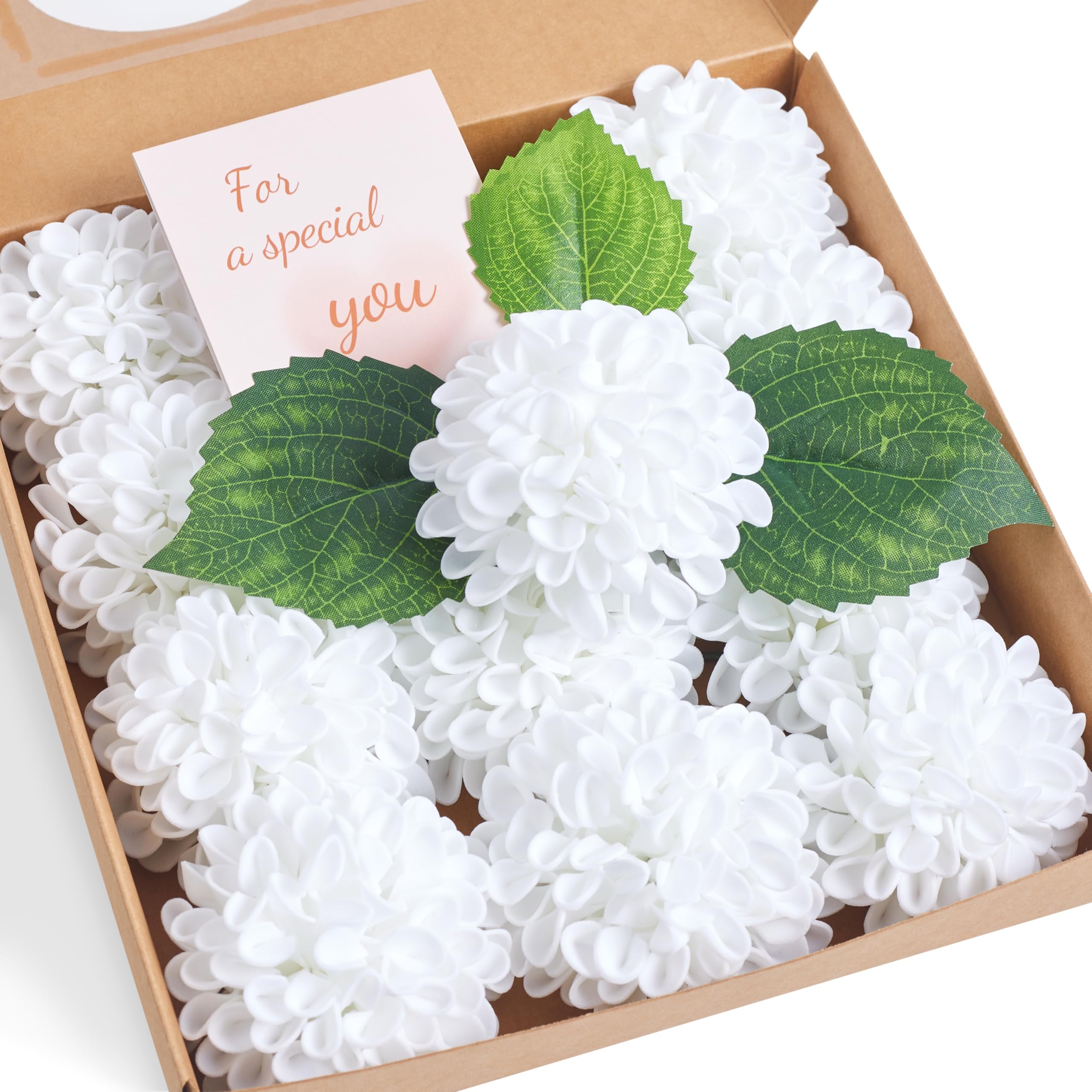 Sahoottie 12 Pcs White Artificial Chrysanthemum Flower Gift Box with Leaves and Stems White Fake Foam Chrysanthemum Flowers for Home Decor,Wedding Party,Garden,Floral Arrangement