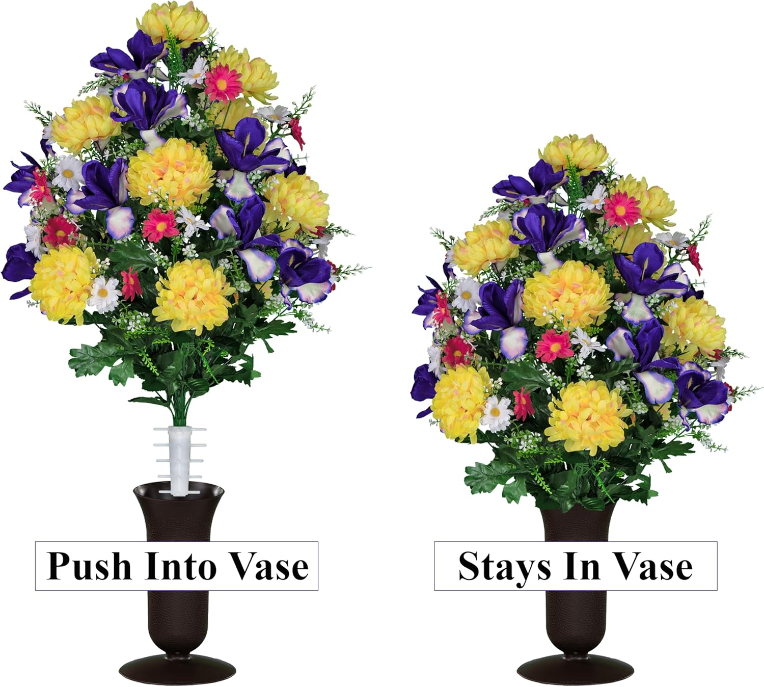 Purple Iris, Yellow Mums & Daisies - 36 Flowers in Bouquet - Sympathy Silks Flowers For Cemeteries - Cemetery Flowers for Grave - Mothers Day Spring Summer Arrangement