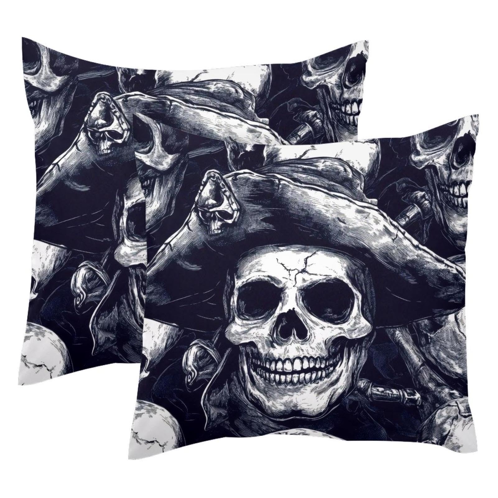 Housse de coussin 50 x 50 cm velours noir motif tête de mort pirate lot de 2