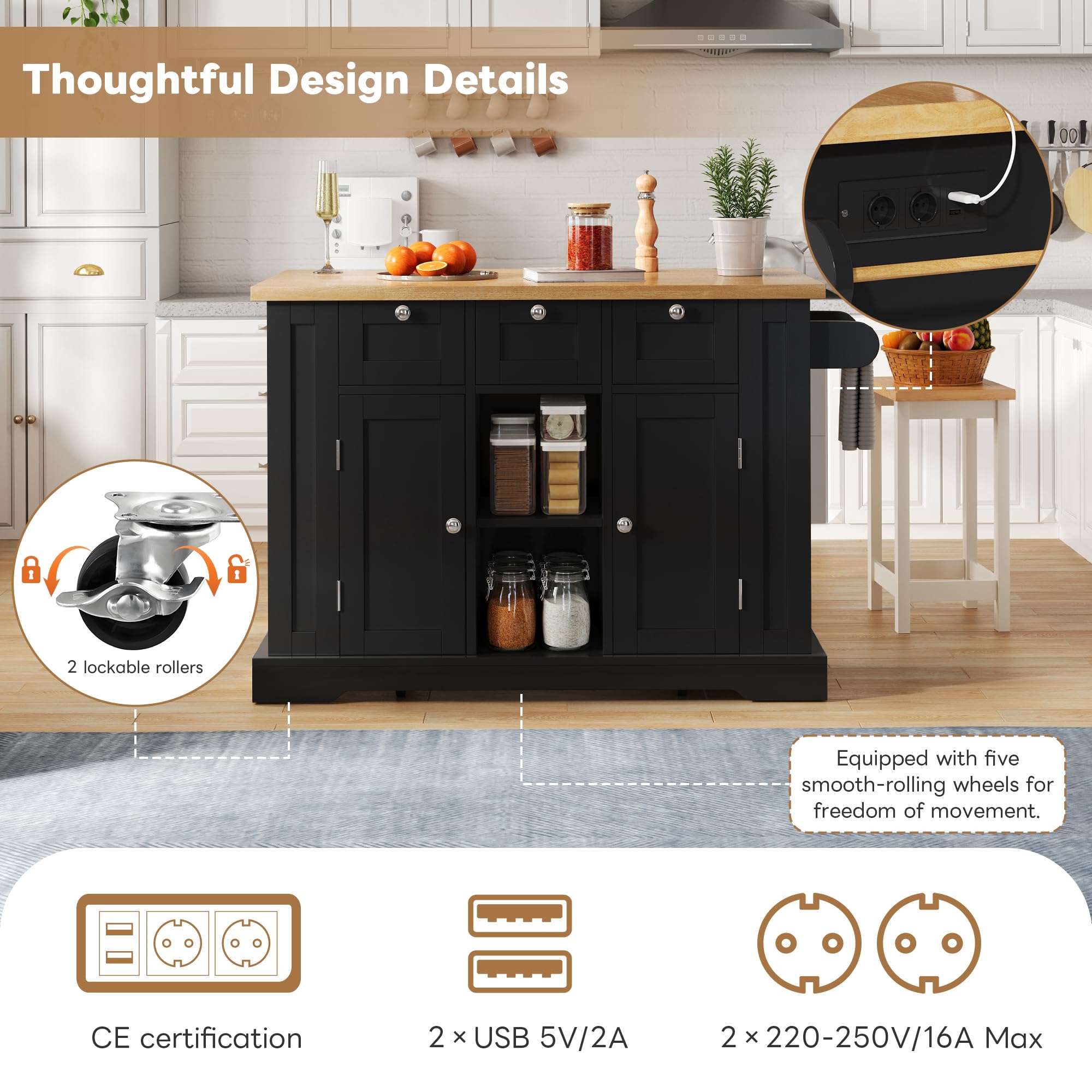 Isla De Cocina con Encimera Cocina Plegable y Enchufe de Carga, Armario con Cajones y Puerta, Muebles de Salon con Almacenamiento Abiertos, Mueble Auxiliar para Comedor, 132x87x70 cm (Negro)