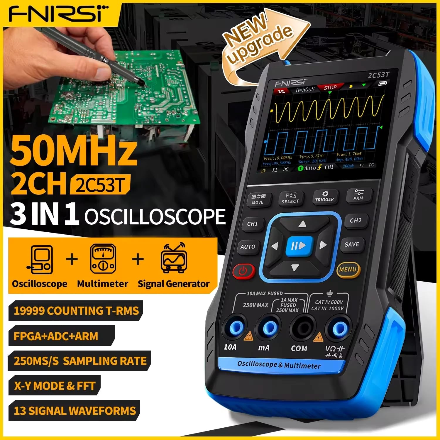 2C53T Oscilloscope numérique handheld 50MHz 250MS/s, multimètre, générateur de signaux 3 en 1, canal double, outils automobiles (2C53T (Standard))