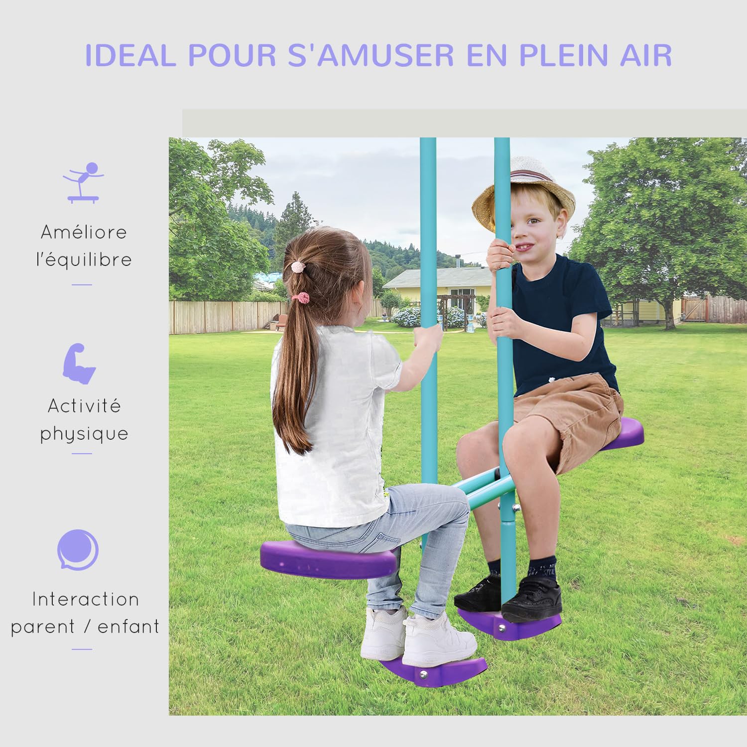 Outsunny Balançoire Portique Extérieur Enfant 3 en 1 Charge 180 kg Violet | 1 Balançoire Face à Face, 2 Sièges de Balancelle, Hauteur Réglable, en Métal, pour 3+ Ans