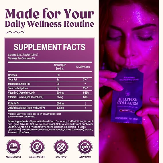 Akasha Superfoods Liposomal Jellyfish Collagen, Lychee Lime, 15 Packets