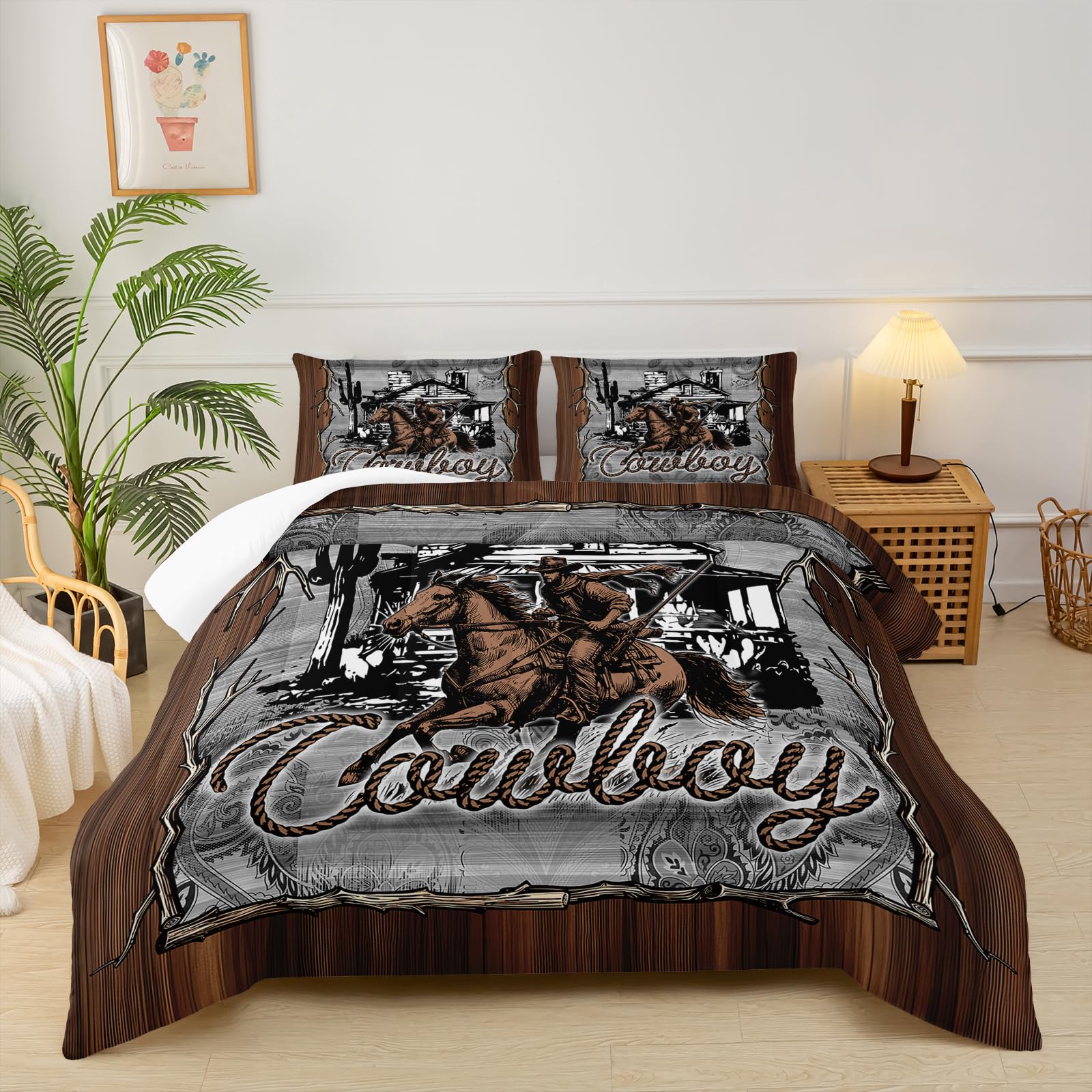 Brown Western Cowboy Comforters Queen Size，Boys Full Size Bedding Set Cowboy Themed，with 1 Comforter with 2 Pillow Case，Western Bedroom Decor for Boys Men Kids