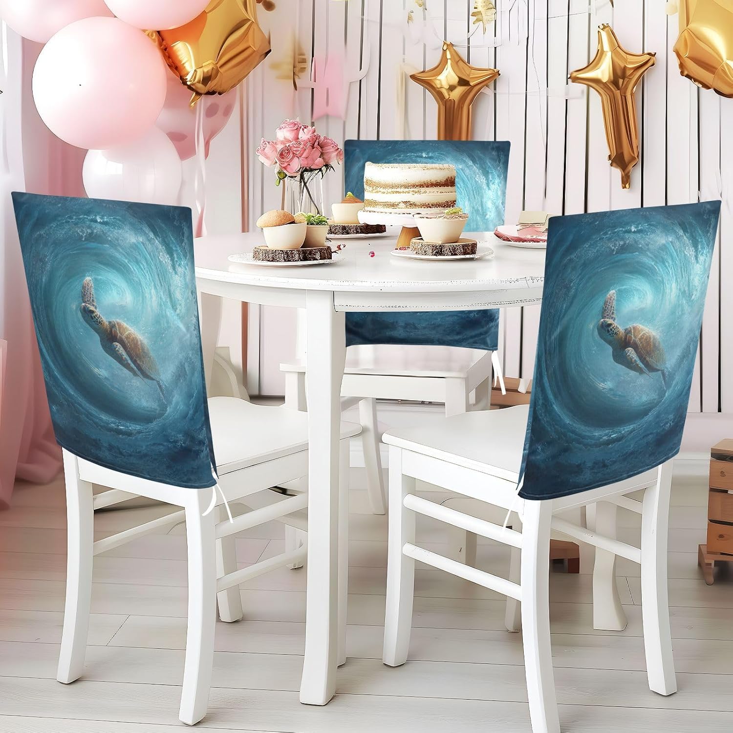 ALAZA Ocean Waves Turtle Chair Back Cover Set of 6, Washable Reusable Removable Chair Slipcovers Decorative Chair Cover for Home Kitchen Wedding Party