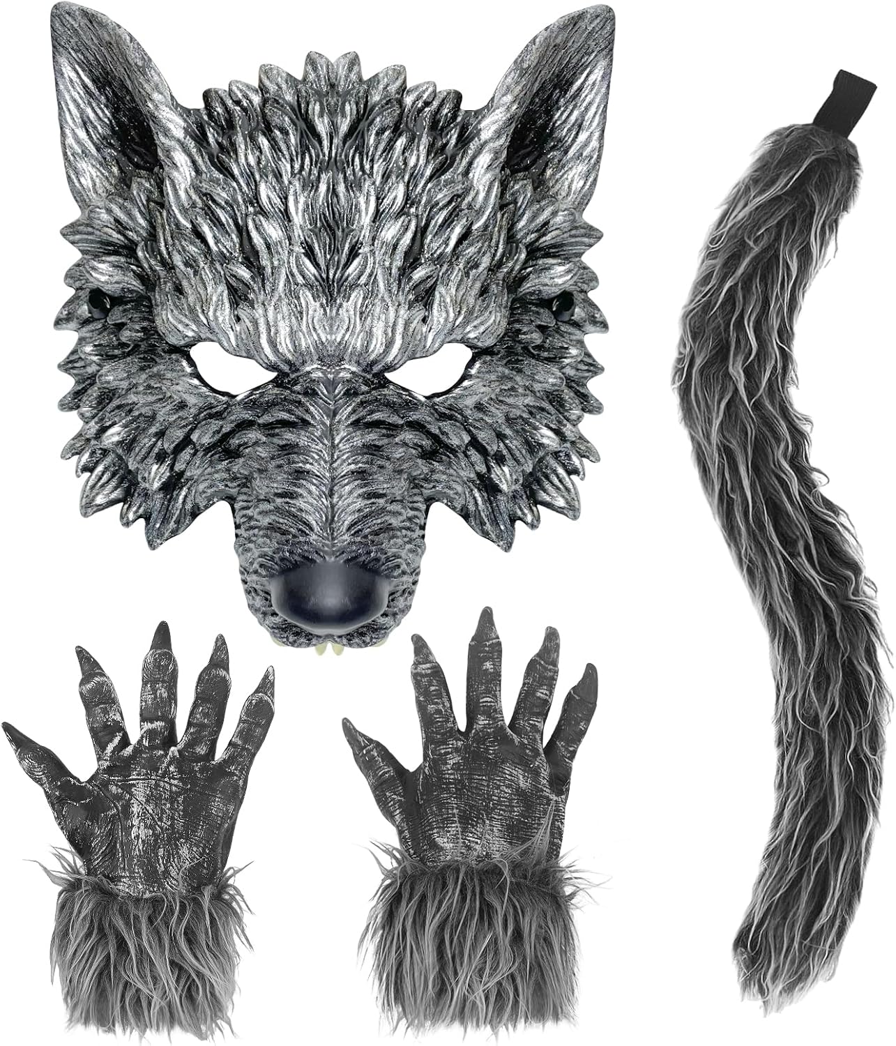 HyperFun Werewolf Costume Halloween Wolf Mask Gloves and Tails Set, Realistic Wolf Costume Cosplay Accessories Kit