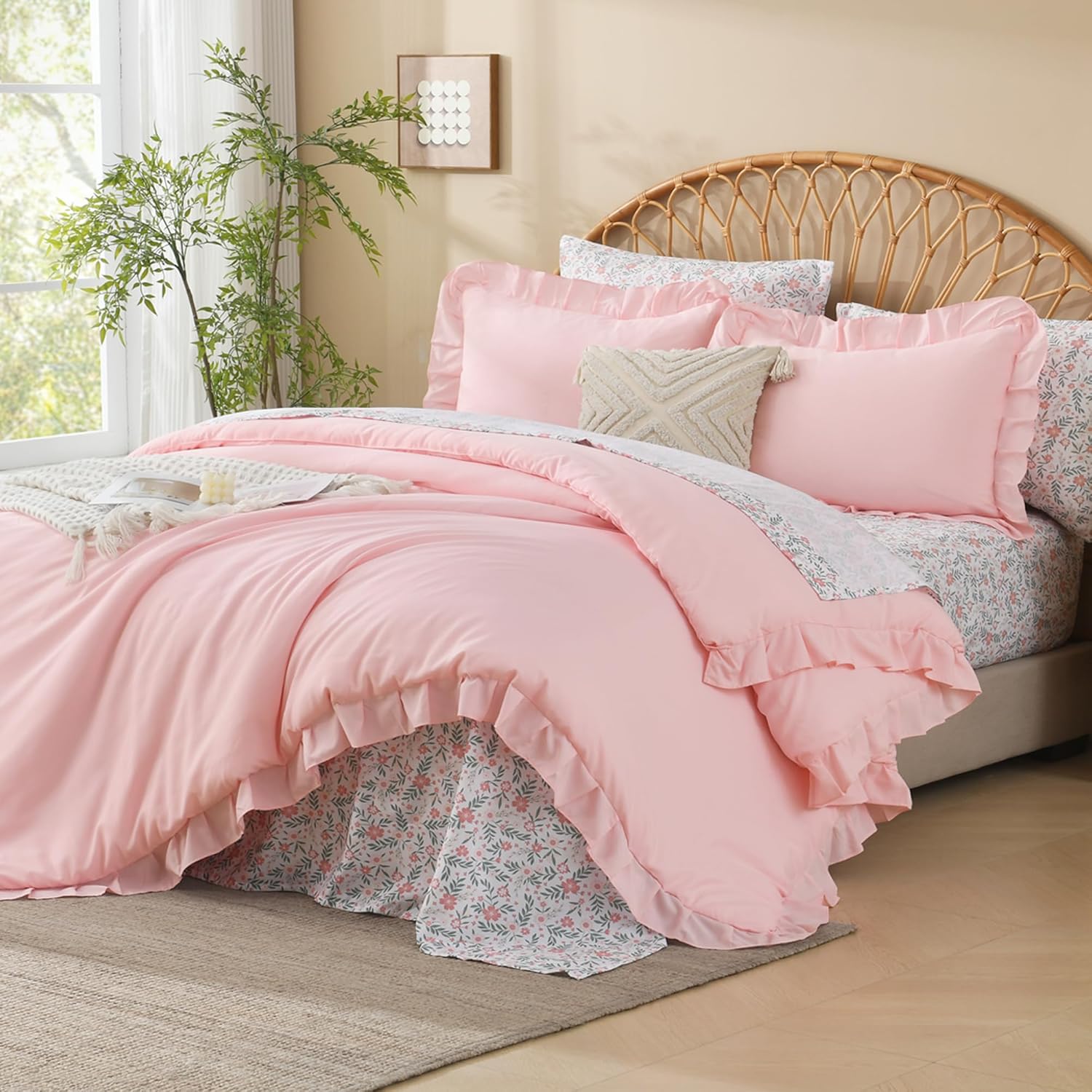 Litanika Queen Size Comforter Sets - 7 Pieces Ruffle Pink Bed in a Bag, Soft Farmhouse Bedding Sets with Ruffled Comforter, Floral Sheets, Pillowcases & Shams