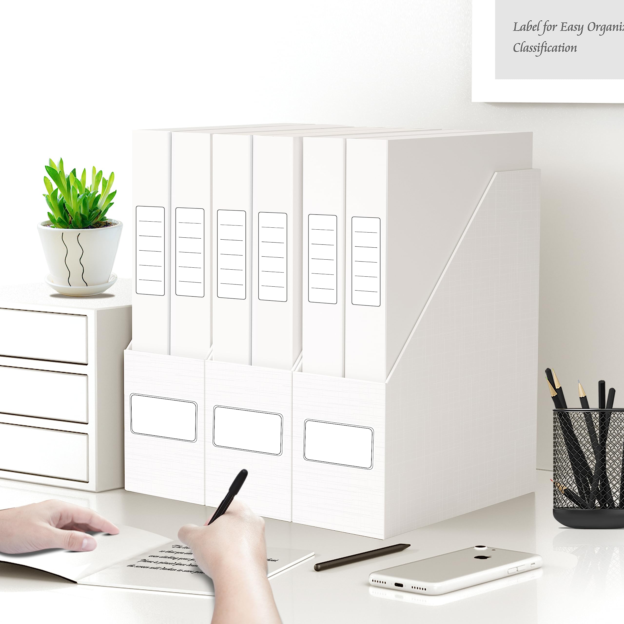 JiaWei A4 Portariviste (3 Pezzi), Realizzato in Cartone Extra Robusto da 1700 g/m², Porta riviste da 10,5 cm di Larghezza, Portariviste da Scrivania per Libri e File - Bianco
