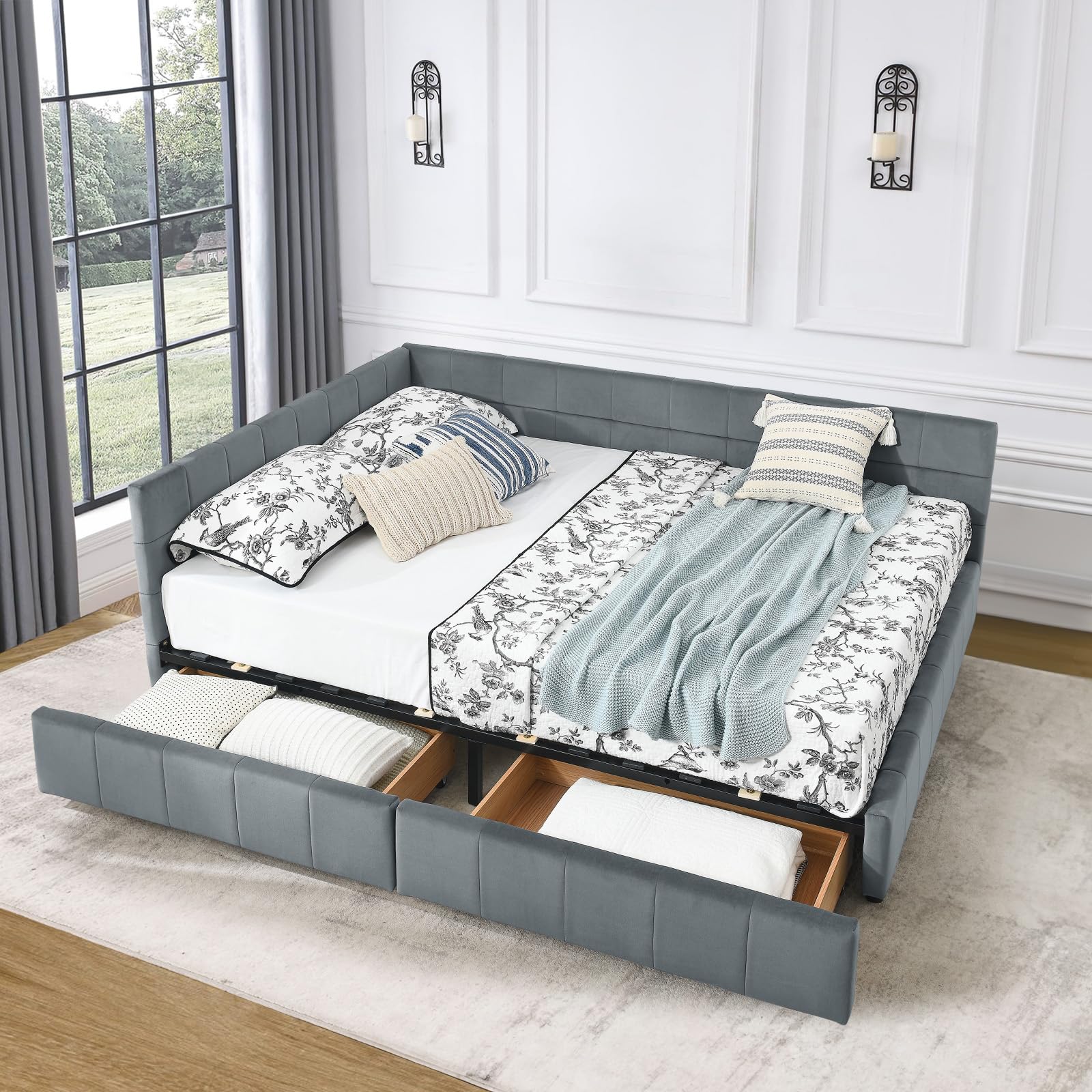 Full Size Daybed with Storage Drawers,Tufted Velvet Daybed Frame,Wood L Shaped Corner Bed Frame,Upholstered Sofa Bed with Wooden Slats for Living Room