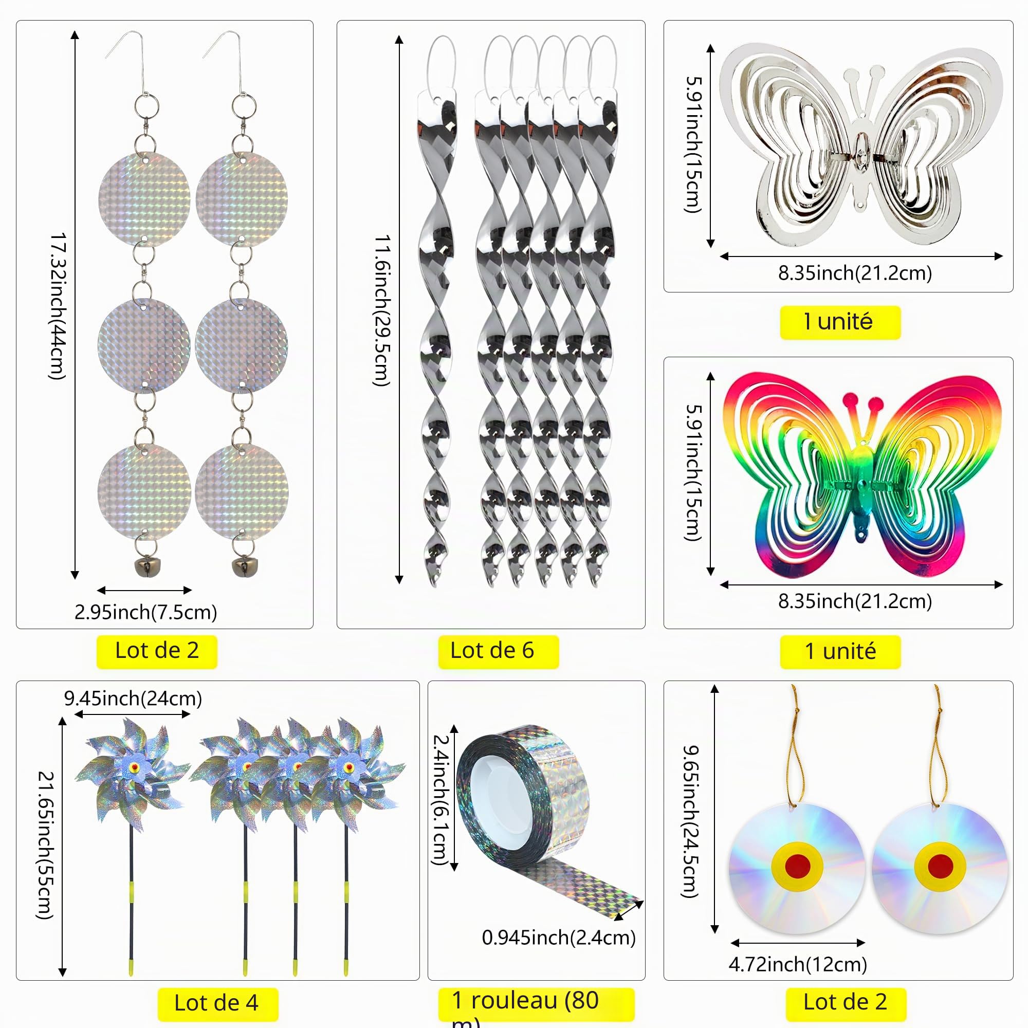 Lot d'épouvantail pour oiseaux - comprend 2 moulins à vent réfléchissants, 2 moulins à vent en forme de papillon, 6 dispositifs en spirale, 1 ruban effaroucheur et 2 disques, pour éloigner les