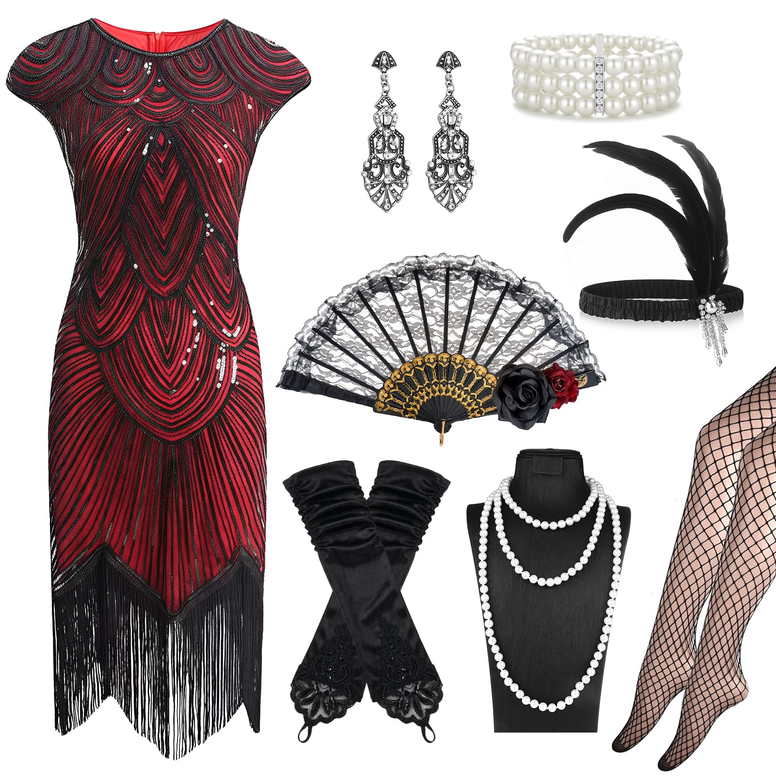 Oerphh 1920s Flapper Great Gatsby Accessories Set,Claret Roaring 20's Theme Set with Sequin Fringed Dress Red Rose Fan Headband Gloves Necklace Handheld Prop for Women Ladies (burgundy, M)