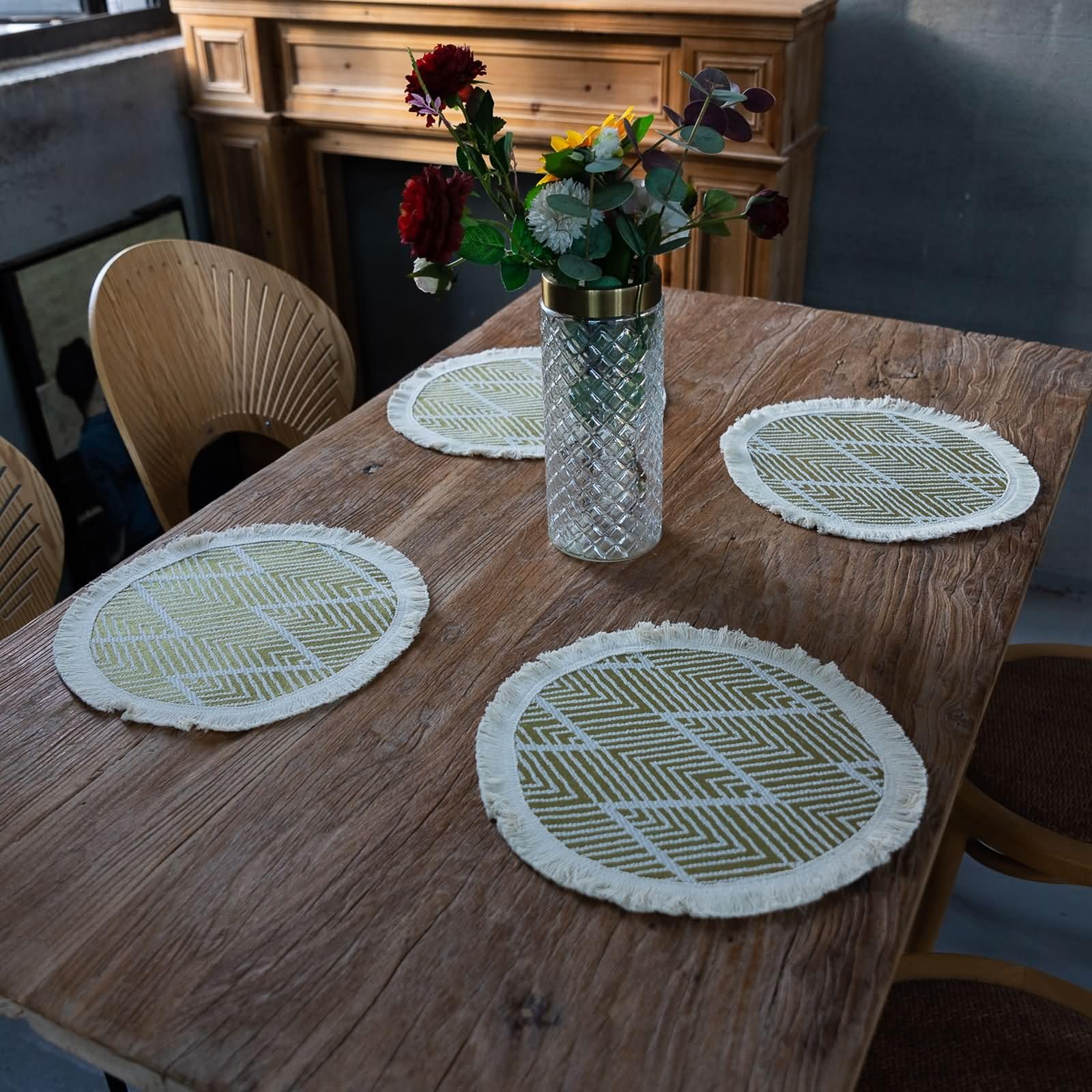 6 Pezzi Tovagliette Tavolo Ristorante, 30 CM Tovagliette Poliestere Cotone Giallo Beige, Righe Ondulate con Nappe