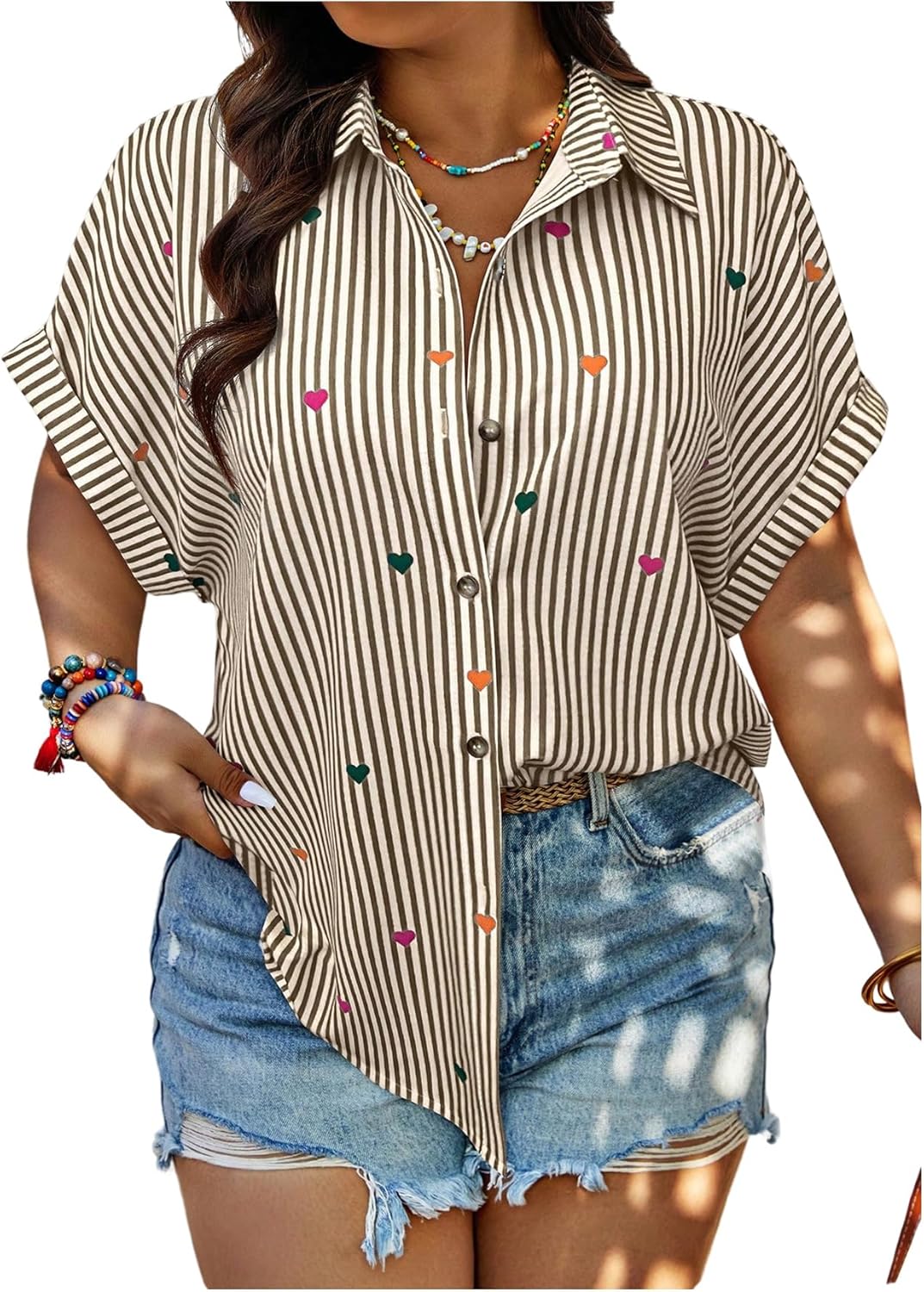 WDIRARA Women's Plus Size Heart Print Striped Blouse Short Sleeve Button Down Shirts Tops