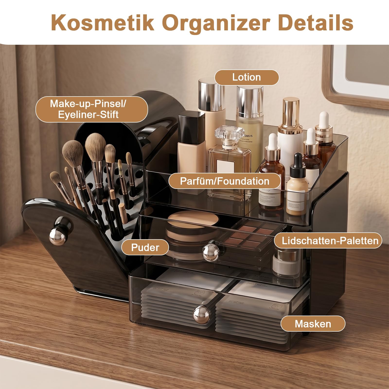 ERWEY Make Up Kosmetik Organizer mit Schubladen, Große Schminktisch Organizer Pinsel Aufbewahrung, Kosmetik Aufbewahrungsbox für Kommode Schminktisch Badezimmer (Schwarz)