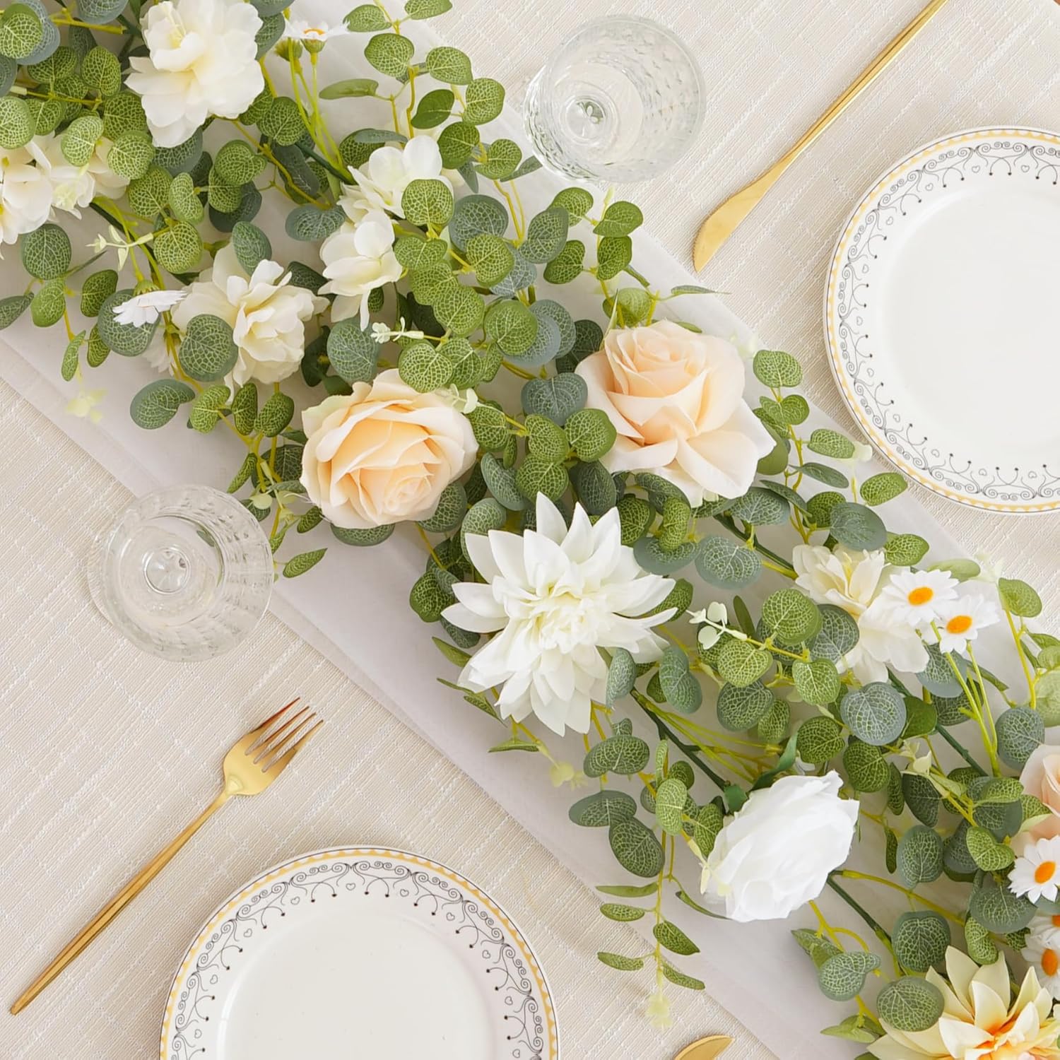 1 Pack Artificial Champagne Flower Garland Decor, 6.07Ft Fake Rose Hydrangeas Vines Hanging,Eucalyptus Garlands with Dahlia Floral Garland for Birthday Wedding Table Centerpieces Decorations - Image 2