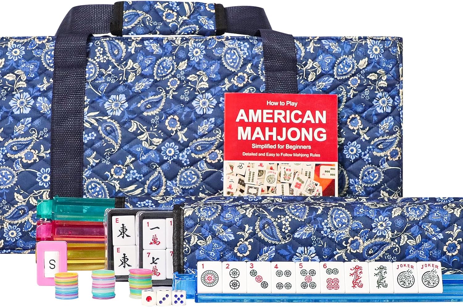 American Mahjong Set, Mahjong Tiles Set with Blue Bag,166 White Tiles, 4 All-in-One Rack/Pushers (Ma Jong, Mah Jongg, Majiang)