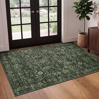 Morebes Vintage Floral 3x5 Entryway Front Porch Rug, Dark Green