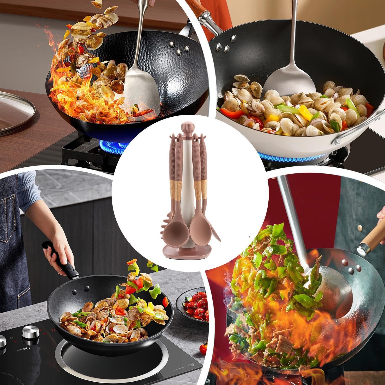 Utensilios de Cocina de Silicona 7 Piezas con Mango Largo Resistentes al | Set de Herramientas de Cocina con Soporte Organizador para Utensilios Antiadherentes, Sartenes, Raspar, Hornear, Me