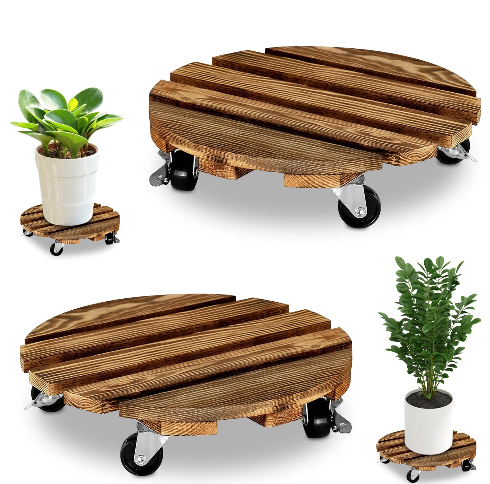 2 Stück Pflanzenroller Rund Holz Rollbrett Pflanzen 360° Drehbar Blumentopf Untersetzer mit Rollen Blumenständer Pflanzenroller Outdoor Wetterfest für Bewegen Schwere Blumentöpfe und Pflanzenständer Garten