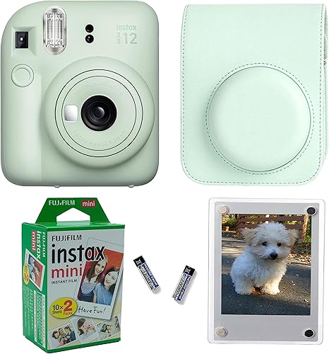Fujifilm Cámara instantánea Instax Mini 12 + funda protectora de diseño profesional y marcos magnéticos Lucite, 20 hojas (verde menta)