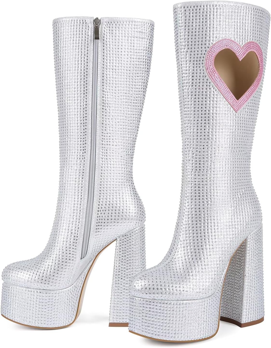Frankie Hsu Sweet Cute Lovely Chunky Platform Knee High Heeled Boot, Silver Pink Heart Rhinestone Gem Hot Girl Big Large Size Wide Calf Long Boots For Women Men