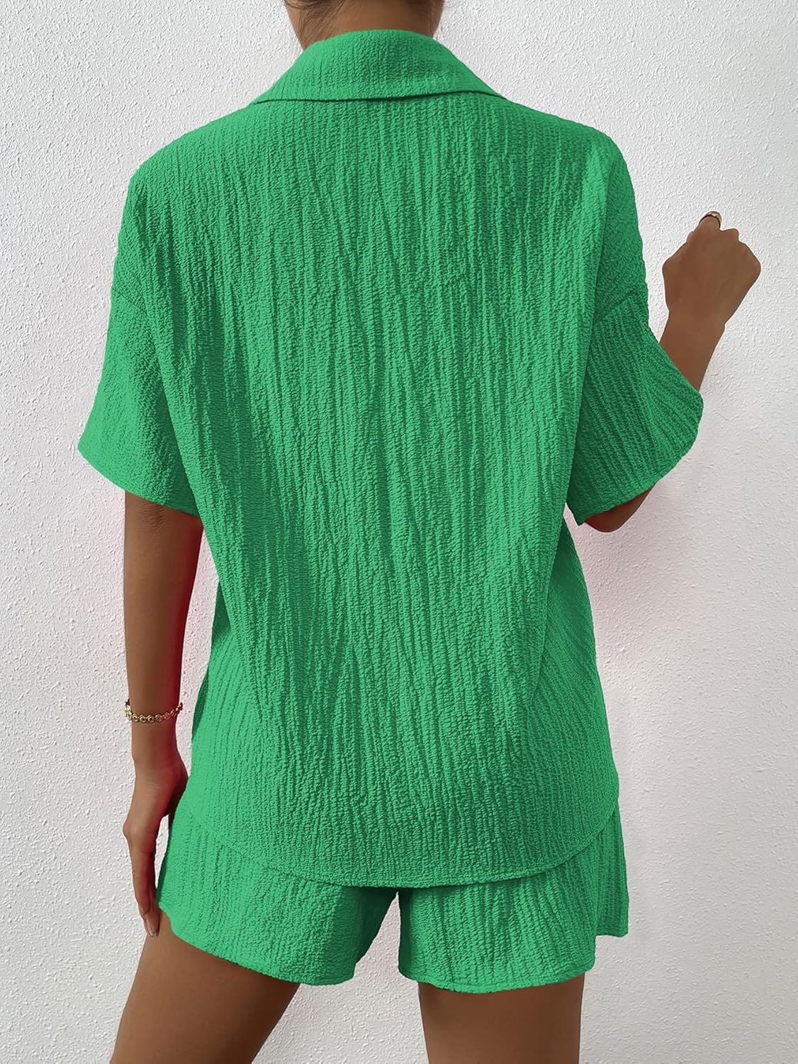 WDIRARA Women's 2 Piece Outfit Button Front Short Sleeve Collar Shirt and Shorts Set - Image 2