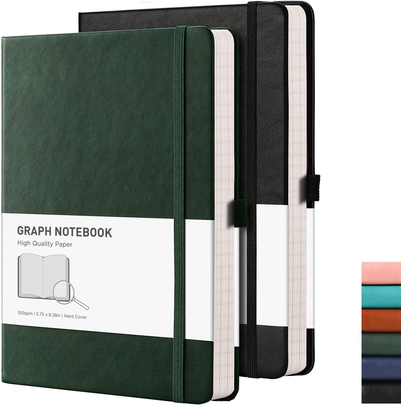RETTACY Graph Paper Notebook A5 2 Pack, 384 Pages Squared Notebook with 100gsm Graph Paper, Pen Holder, Inner Pocket